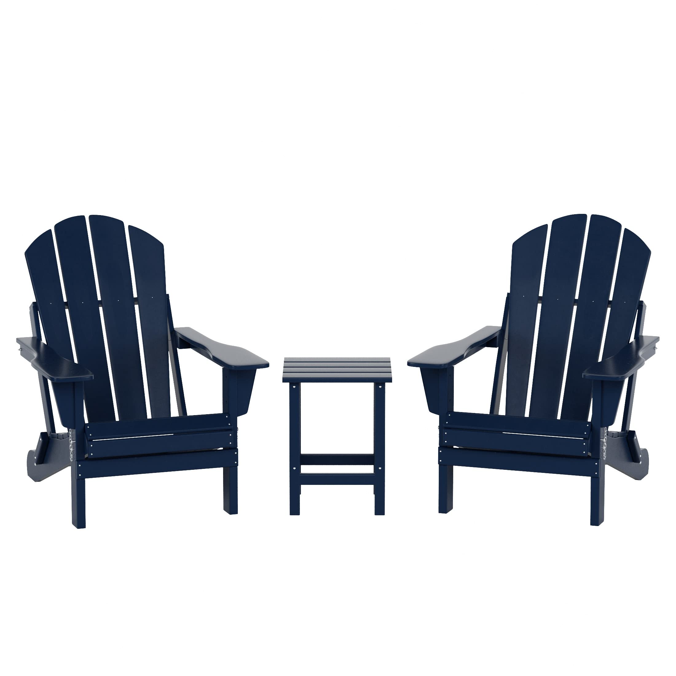 WO Home Furniture Adirondack Chairs & Table Set - 3-Piece Outdoor Folding Chairs with Side Table - Weather & UV Resistant for Lawn, Garden, Bonfire, Balcony, Patio, Deck (Navy Blue) - Perfect for Relaxing, Entertaining & Outdoor Gatherings
