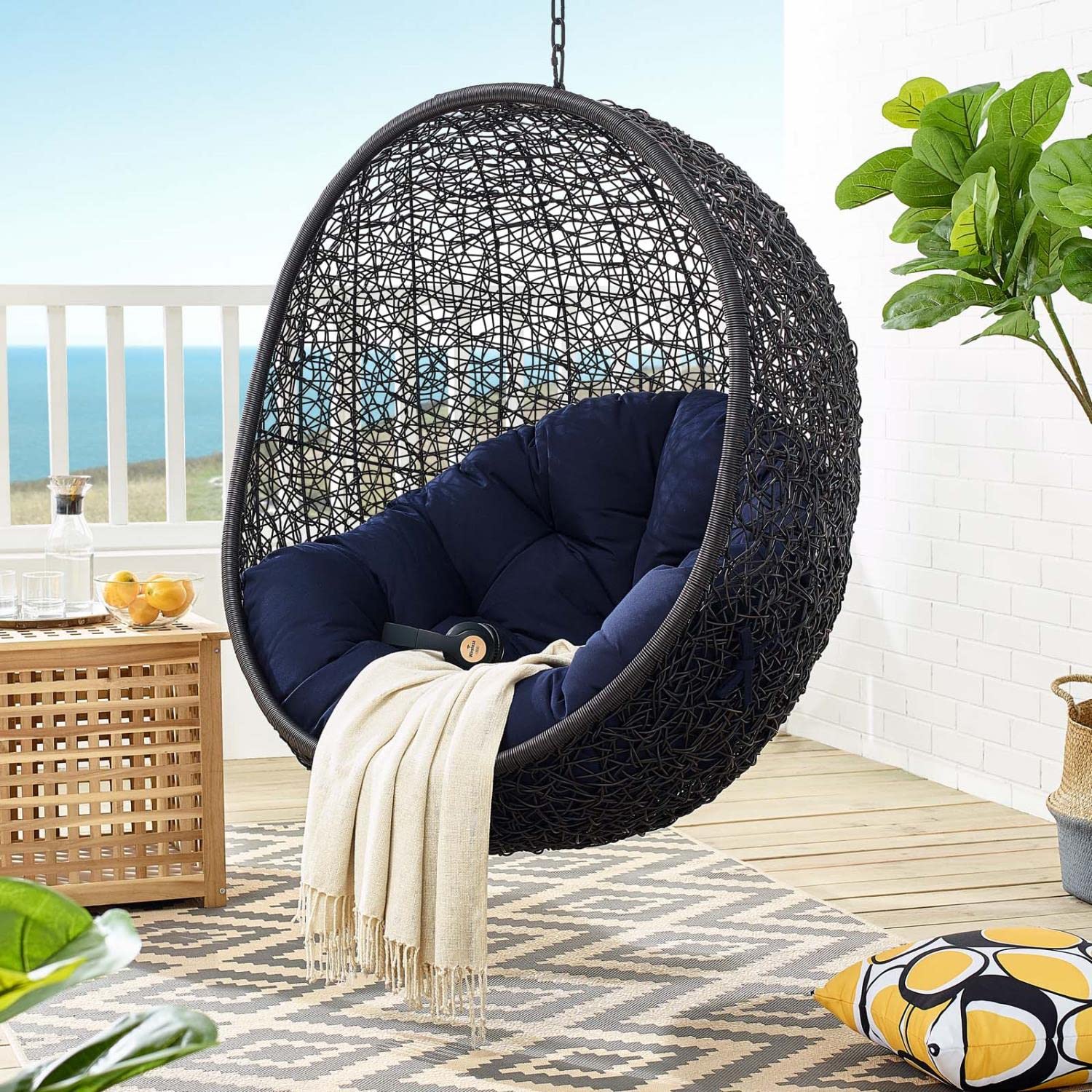 Modway EEI-3943-BLK-NAV Outdoor Egg Swing Chair - Wicker Rattan Hanging Chair with Stand, Sunbrella Fabric in Black & Navy - Perfect for Patio, Porch, Garden, or Backyard Relaxation