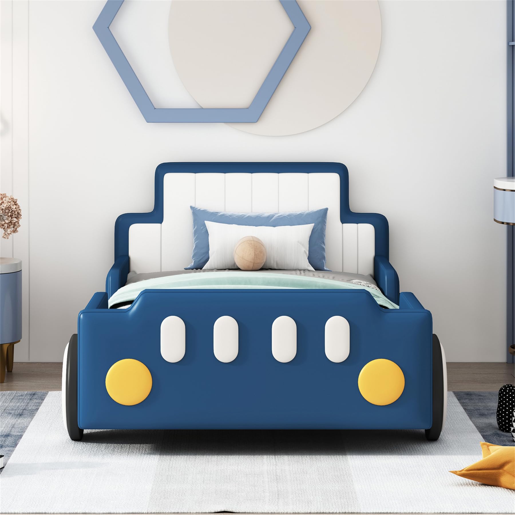 Merax Twin Size Race Car Platform Bed with Wheels - PU Leather Kids Bed Frame for Boys, Twin Size Car Bed with Headboard - Fits Standard Twin Mattress (Mattress Not Included) - Perfect for Kids' Bedroom, Playroom & Themed Decor