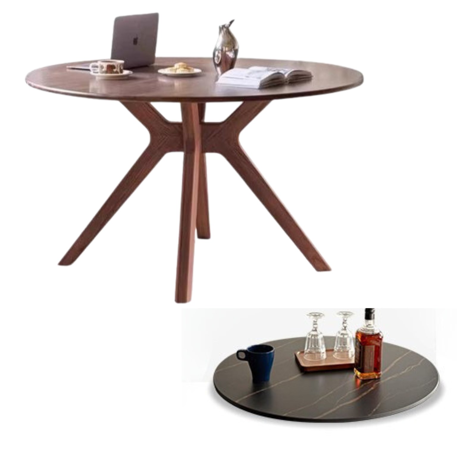 Premium Black Walnut Solid Wood Round Dining Table with Lazy Susan Turntable - Perfect for Family Gatherings & Dinner Parties