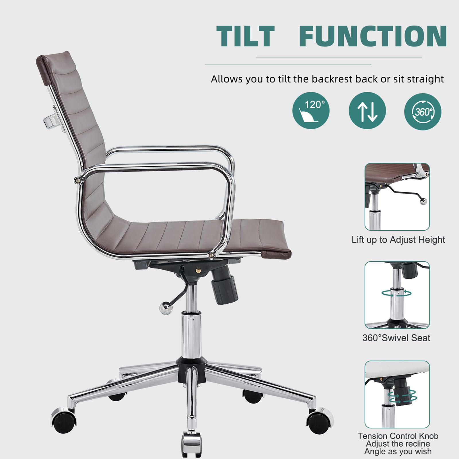 Ergonomic Brown Office Chair with Arms - Electroplated Frame & Striped Design - Comfortable Home & Office Conference Chair for Work & Study (1pc)