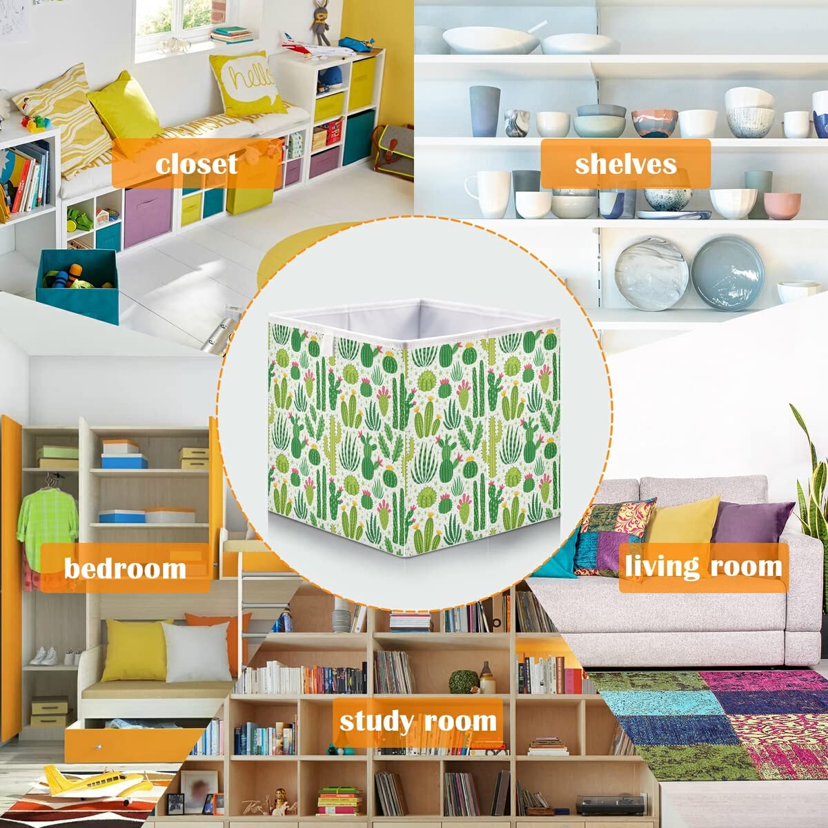 Collapsible Cactus Cube Storage Bin - 11x11x11 Inch Waterproof Toy Organizer Basket for Kids Nursery, Closet, Playroom, Office & Bookshelf - Perfect for Home Organization & Toy Storage