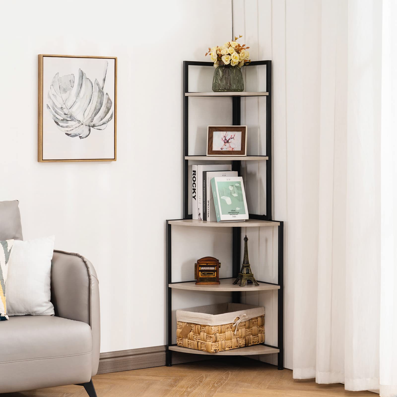 Apicizon 5-Tier Industrial Corner Bookshelf - Metal Frame Rustic Storage Shelf for Home Office, Kitchen & Small Spaces | Display Plants, Flowers & Books | Durable Grey Corner Shelving Unit for Living Room, Bedroom & Workspace