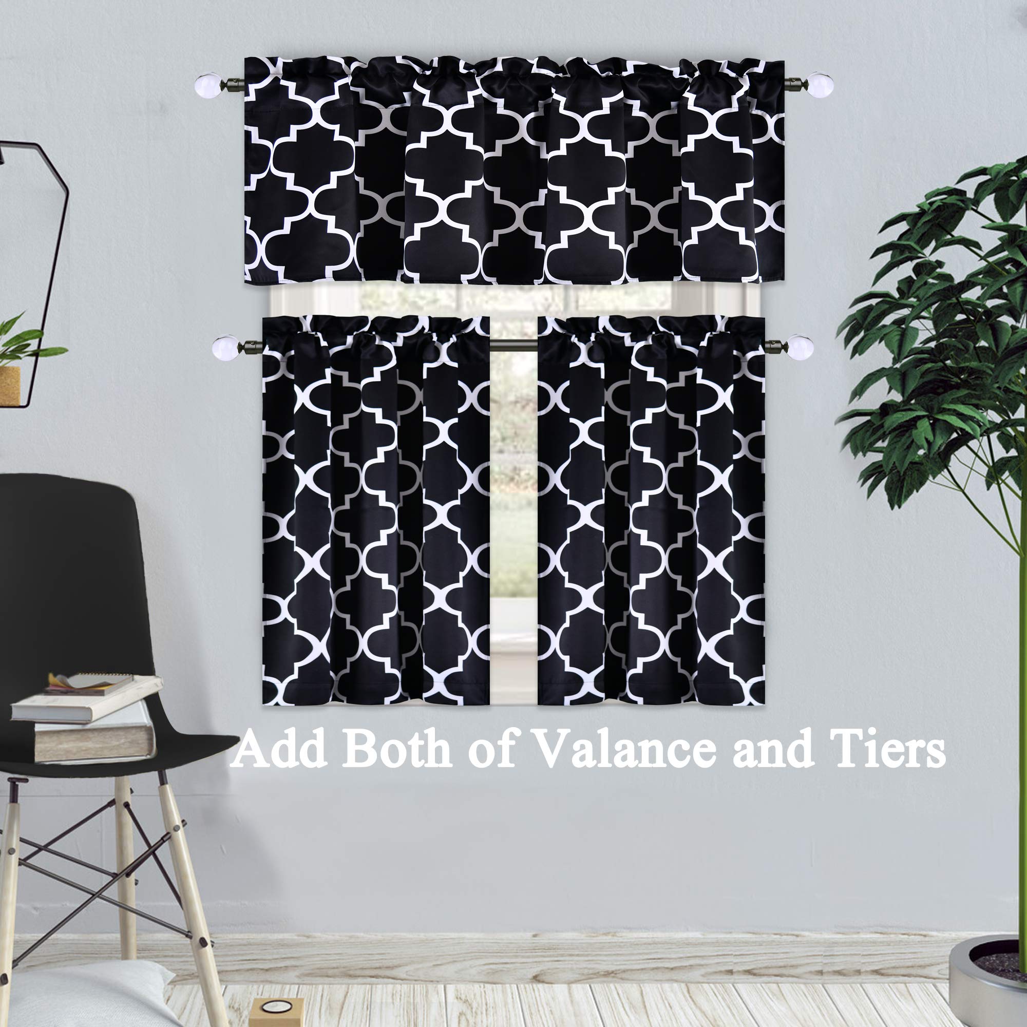 KEQIAOSUOCAI Blackout Window Curtains - Moroccan Geometric Lattice Design, Thermal Insulated Rod Pocket Valance for Kitchen, Living Room, Bathroom - 25x36 Inches (Black, 2 Panels) | Perfect for Small Windows, Cafes & Home Decor