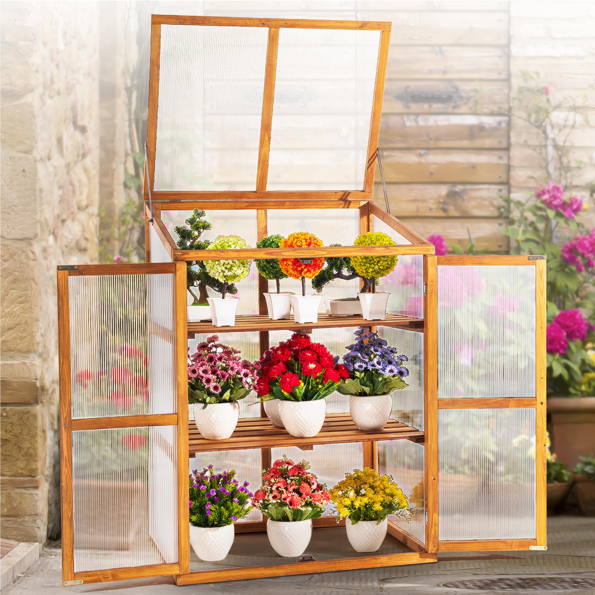 IDZO Fir Wood Cold Frame Greenhouse for Outdoor Gardening - 2-Tier Greenhouse Cabinet with Clear Polycarbonate Panels & Foldable Roof - Perfect for Seedlings, Herbs, and Plant Protection in All Seasons - Easy Assembly Greenhouse for Backyard, Patio, and Balcony