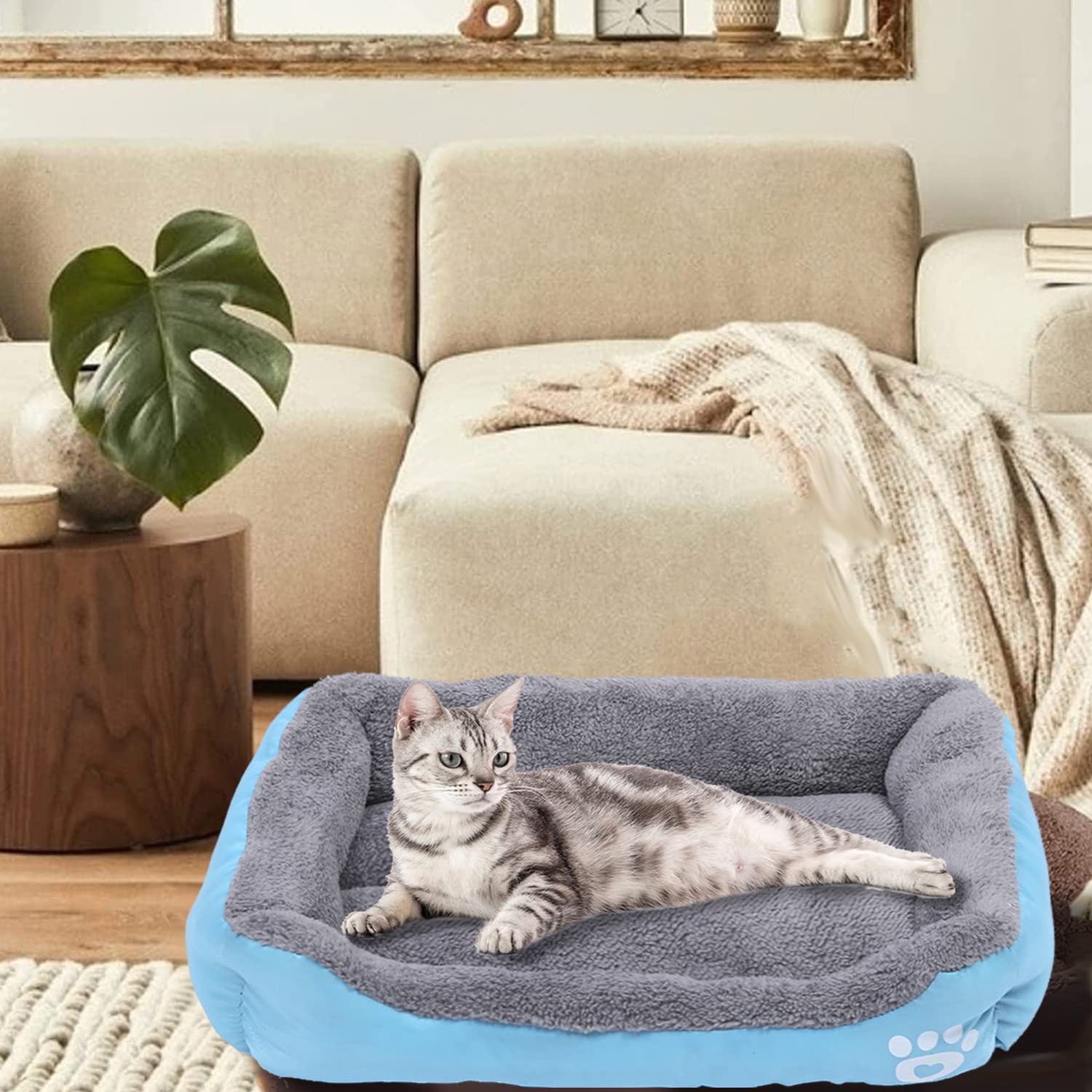 Washable Pet Bed Mat - Soft Plush Fleece for Dogs & Cats - Anti-Slip Waterproof Bottom (Blue) - Perfect for Home & Travel