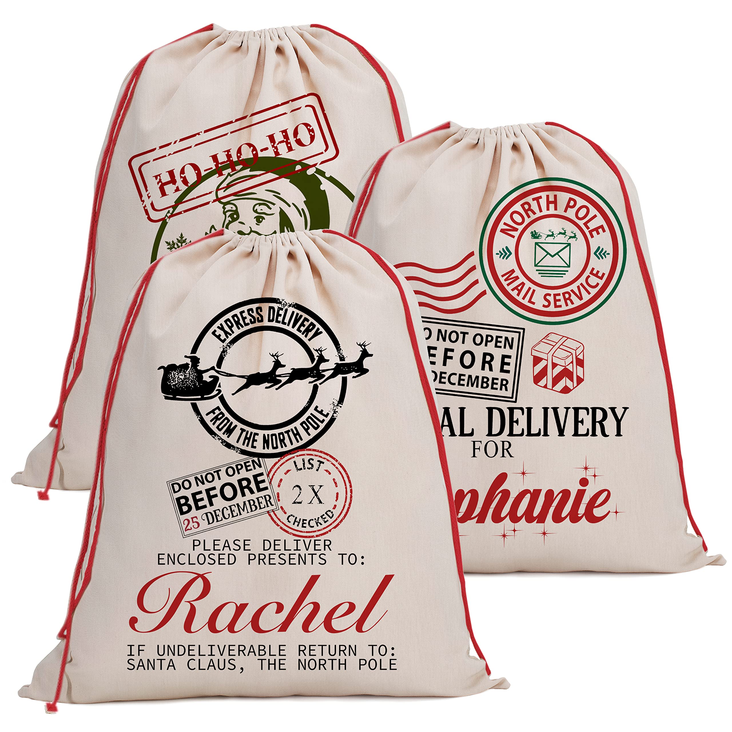 Personalized Santa Sack Gift Set of 5 - Custom Christmas Stocking with Name - 9 Festive Design Options - Large 27.6