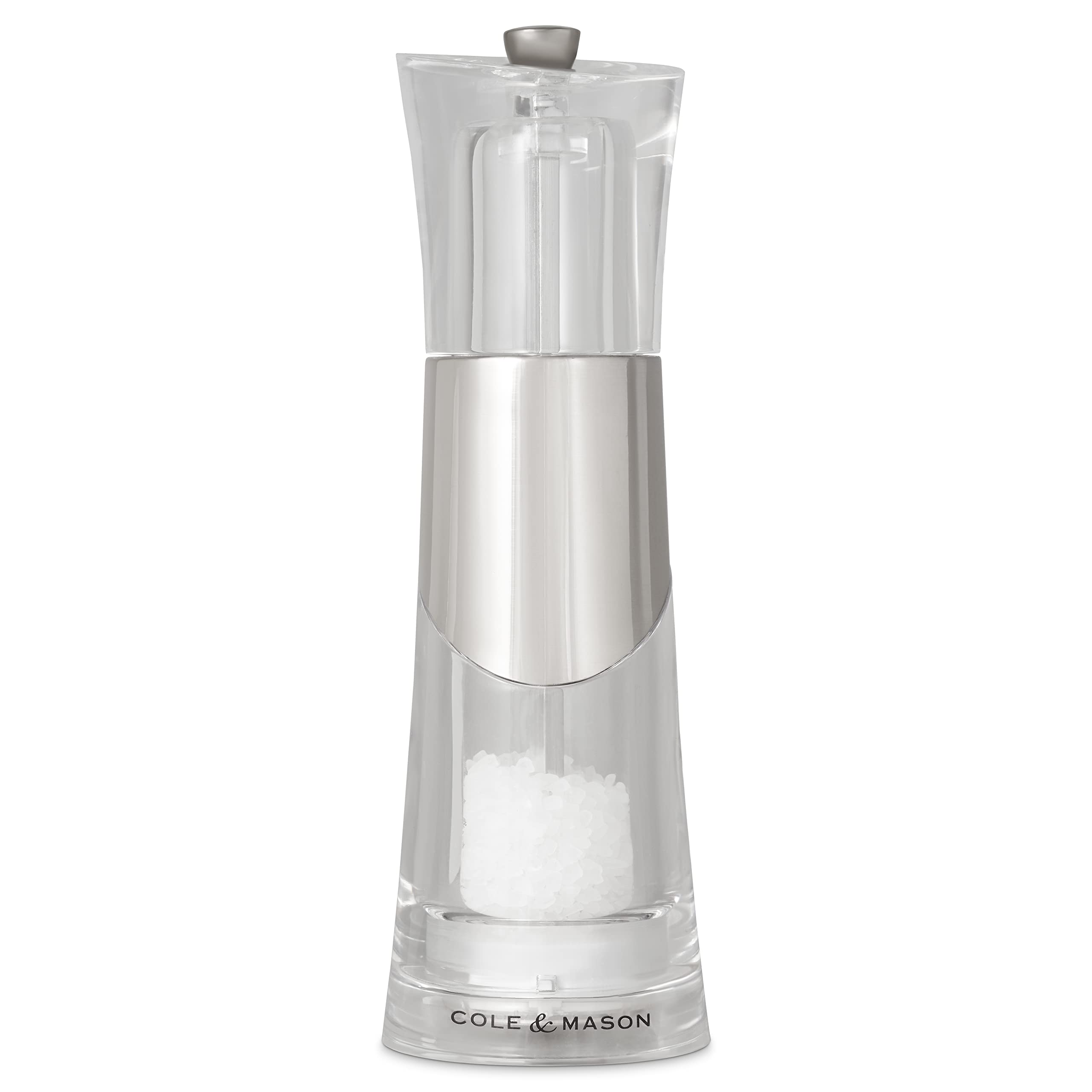 Cole & Mason H57272P Bobbi Salt Mill - Premium Chrome/Acrylic Design, 185mm Precision+ Grinder for Gourmet Salt - Perfect for Kitchen, Dining Table & Gift Giving