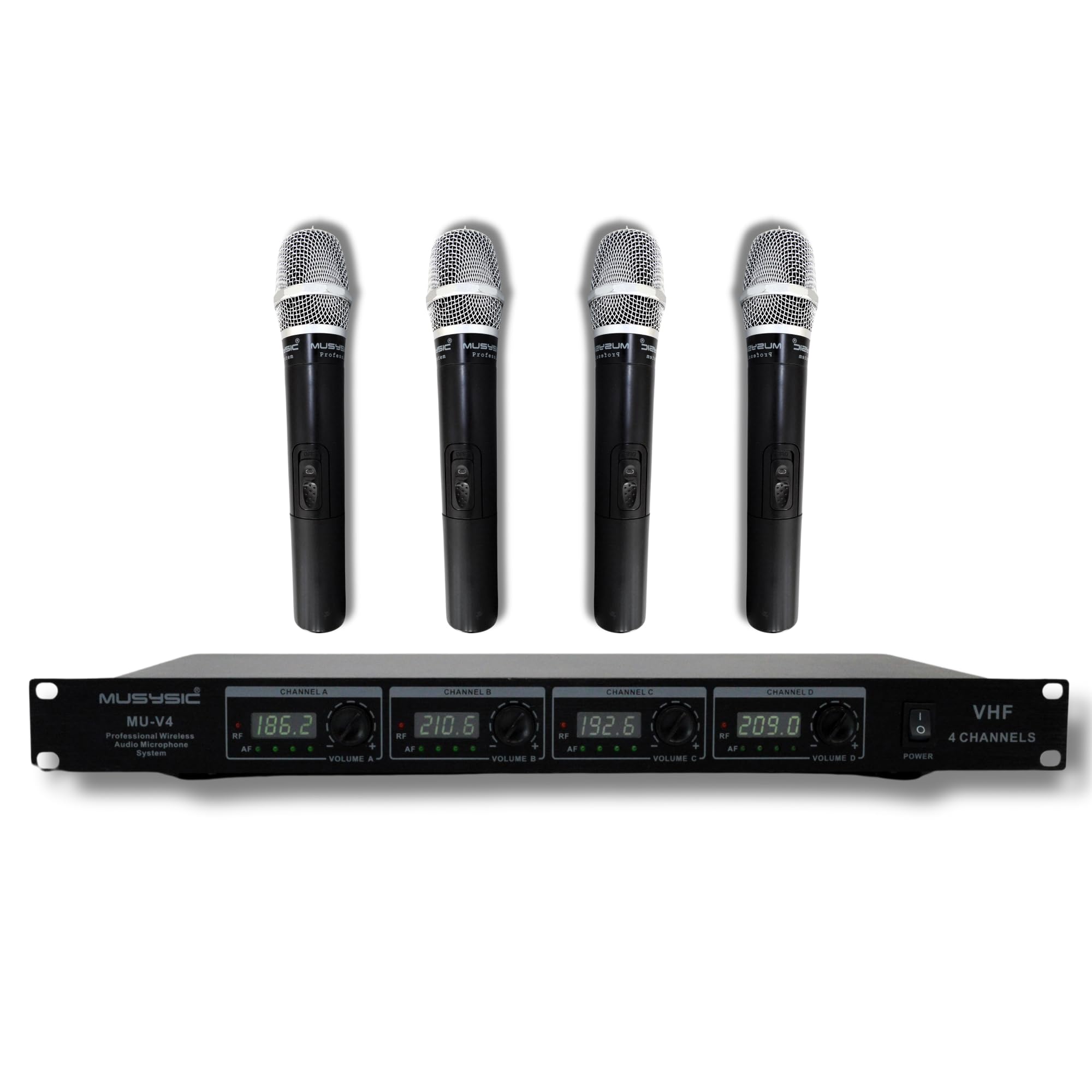 MUSYSIC 4-Channel Professional VHF Wireless Handheld Microphone System with Metal Receiver - Long Range for Church, Wedding, Party, Meeting, Karaoke | Ideal for Live Performances, Public Speaking & Stage Events