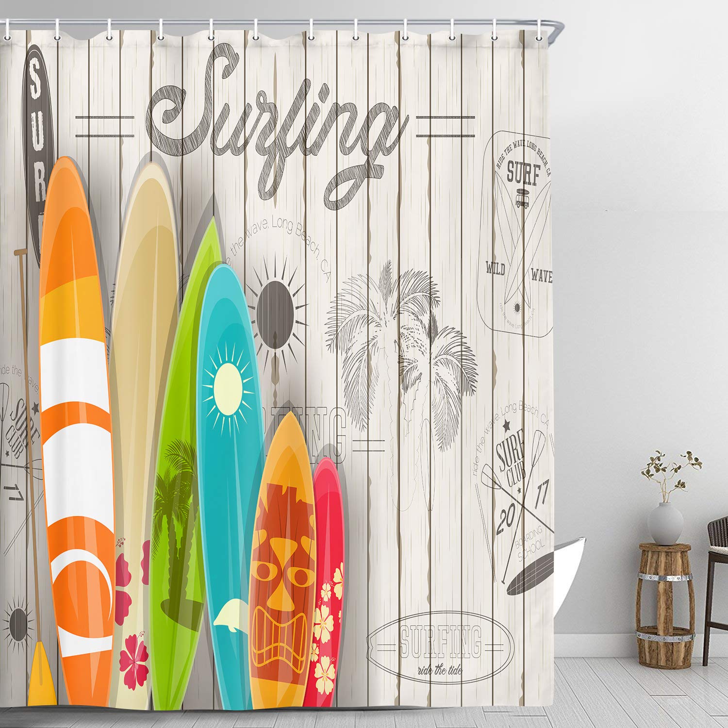 NYMB Summer Surf Shower Curtain - Tropical Colorful Surfboard Design on Wooden Background, Waterproof Polyester Fabric Bathroom Decor with 12PCS Hooks (69''W x 78''L) - Perfect for Beach House, Coastal Bathroom & Summer Vacation Home Decor