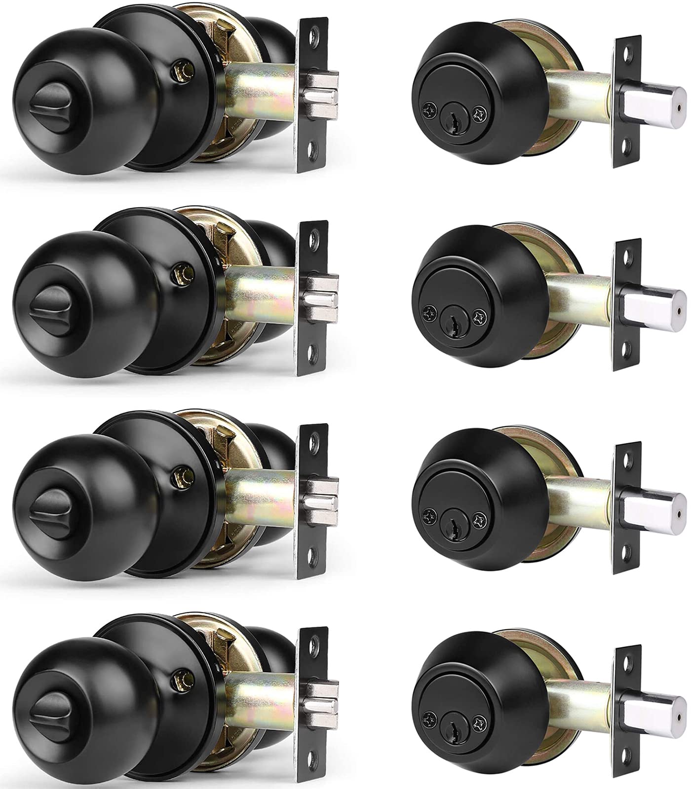 4 Pack Keyed Alike Entry Door Knob and Double Cylinder Deadbolt Lock Set - Flat Black Exterior Door Hardware for Enhanced Home Security | Perfect for Front Doors, Apartments & Rental Properties