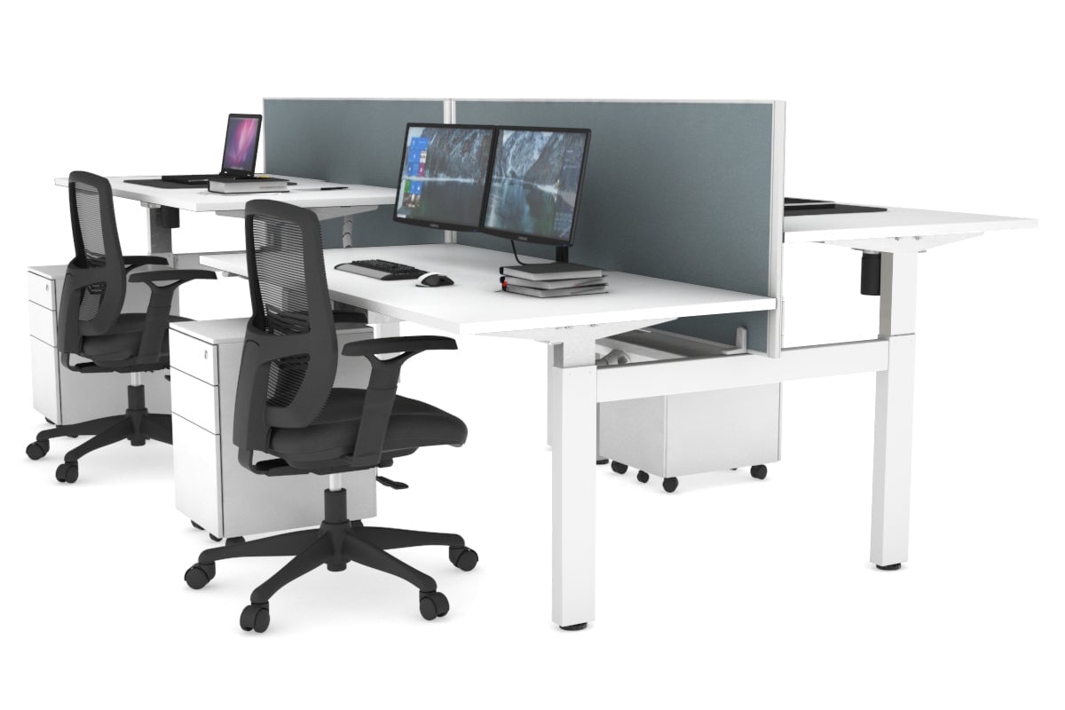 Adjustable 4-Person H Bench Workstation - White Frame (1400L x 800W) | Ergonomic Office Desk for Team Collaboration & Workspace Efficiency