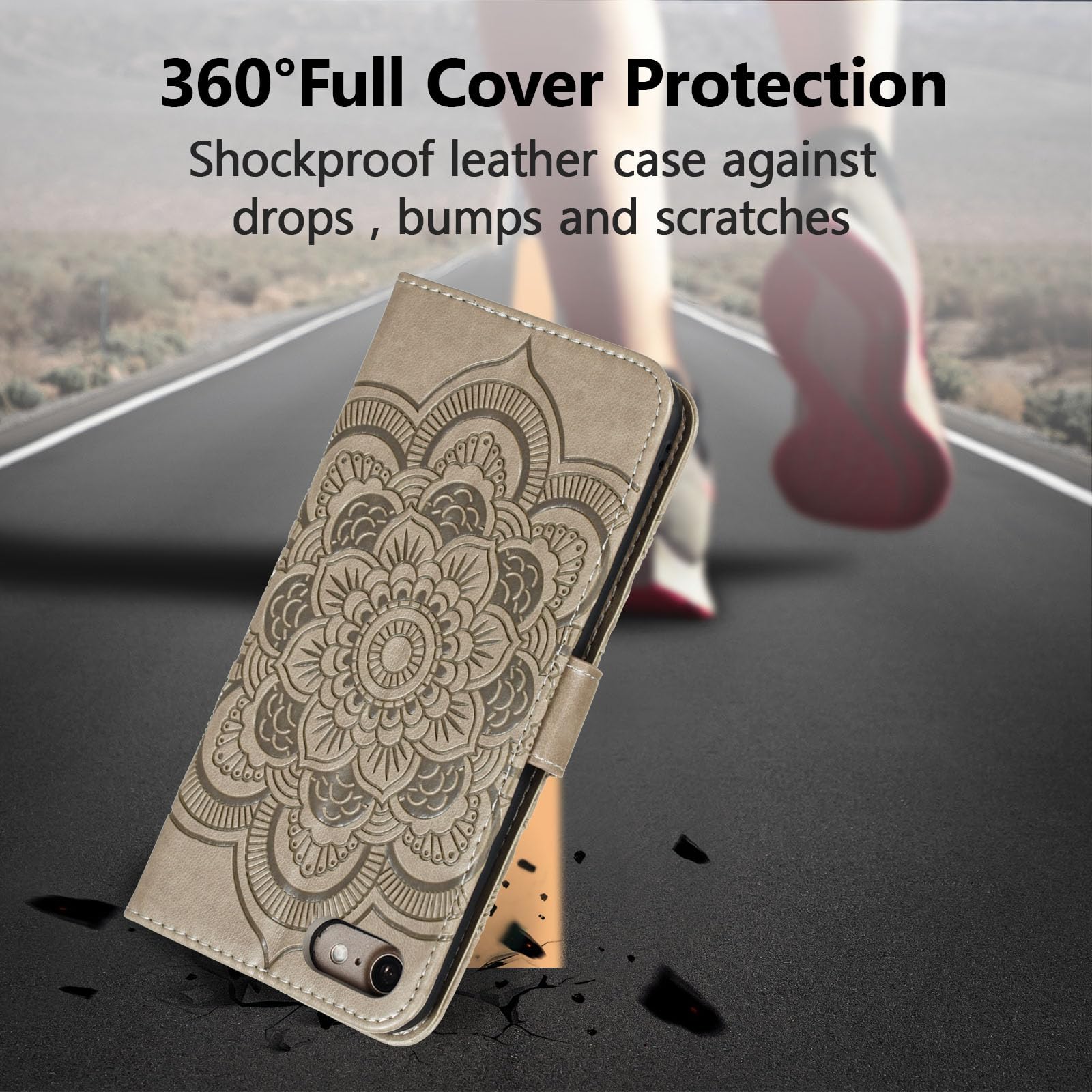 Premium Leather Mandala Flip Wallet Case for iPhone SE/7/8 - Slim Magnetic Stand Cover with Card Slots & Lanyard (Gray) | Perfect for Travel, Work & Everyday Protection
