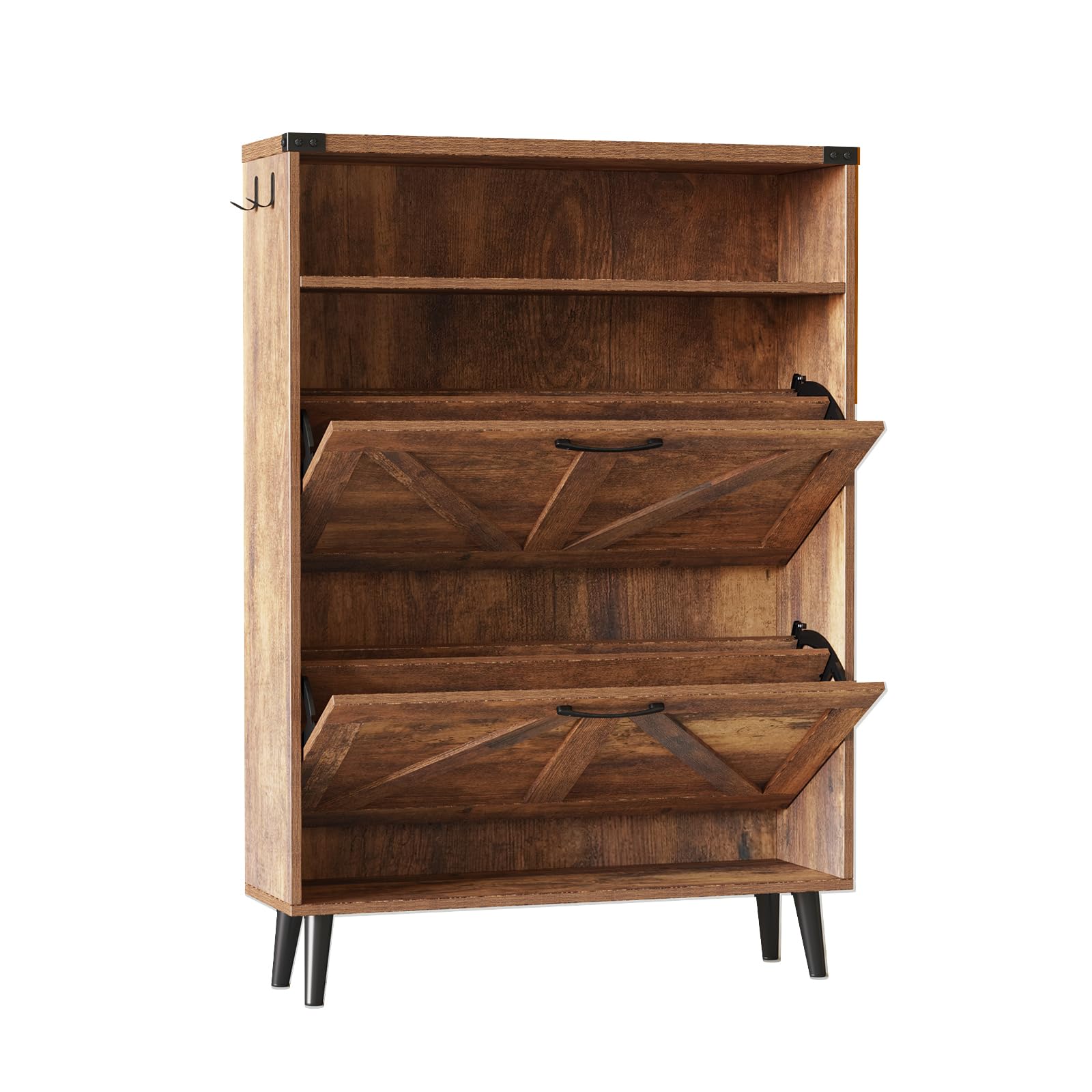 2-Tier Flip-Drawer Shoe Storage Cabinet - Freestanding Entryway Organizer with Open Shelves & Farmhouse Legs, Narrow Shoe Rack for Hallway, Closet & Mudroom Organization (Brown)