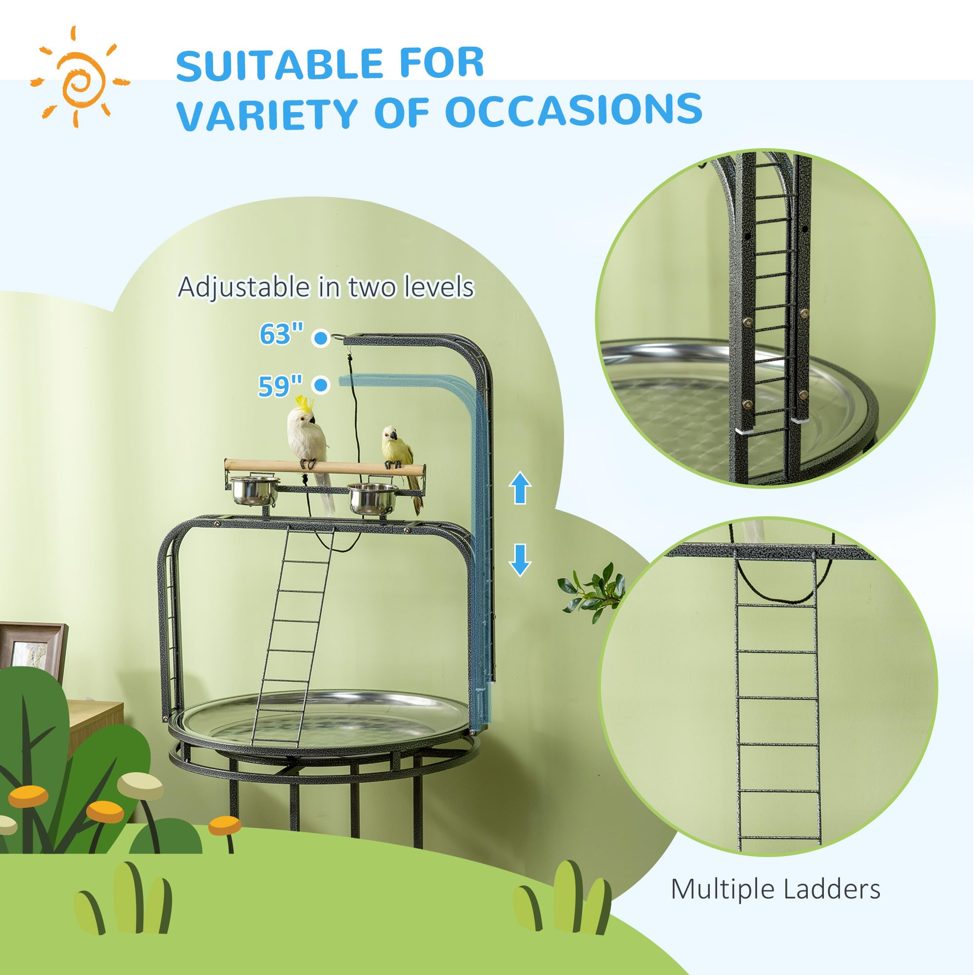 PawHut Large Parrot Stand with Toy Hook & 3 Ladders - Easy Grip Wooden Bird Perch for Macaws, Cockatoos, African Greys - Perfect for Playtime, Training & Cage-Free Time (Gray)