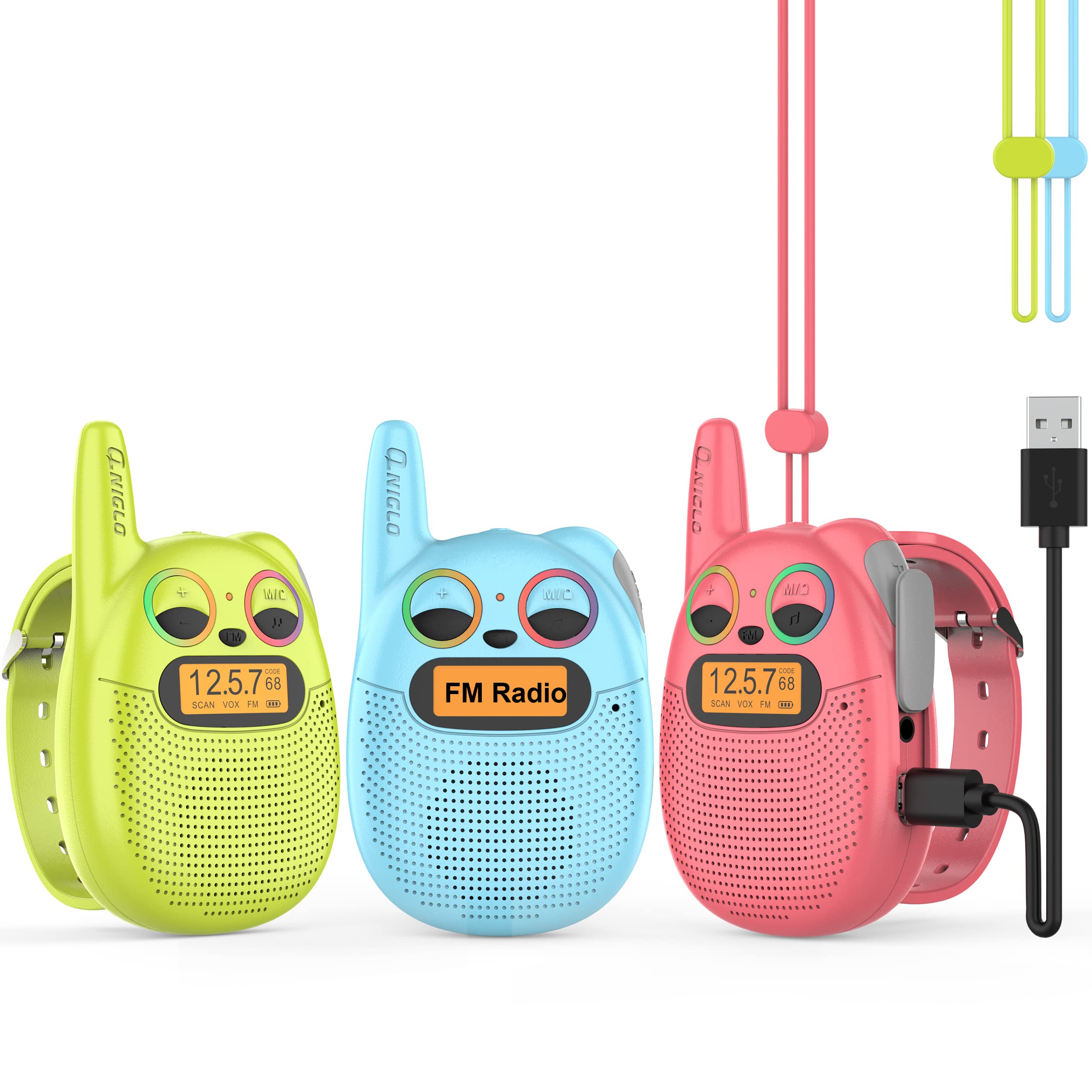 Qniglo Rechargeable Walkie Talkies for Kids - 3 Pack Spy Toys for Boys & Girls Ages 4-12, FM Radio & Long Range Communication for Outdoor Camping, Hiking & Backyard Adventures - Perfect Christmas & Birthday Gifts