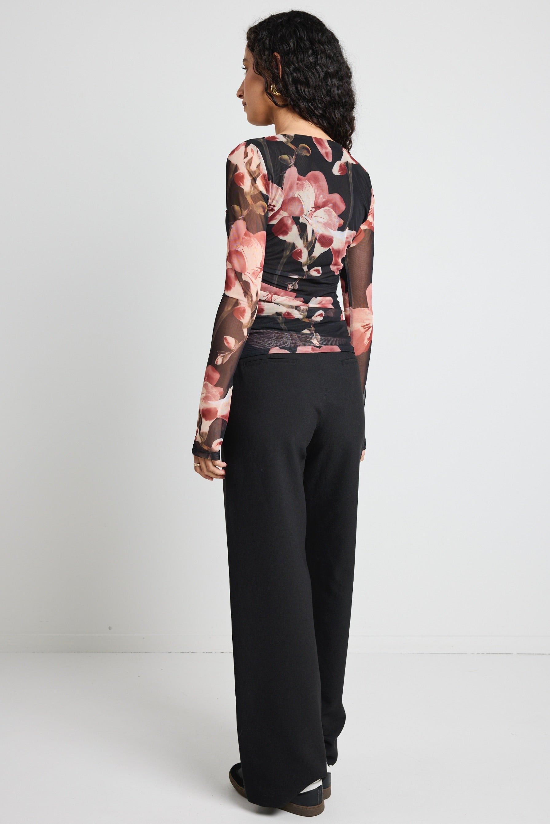 Trendy Askew Blush Floral Mesh Asymmetrical Long Sleeve Top for Women | Elegant Loose Fit Blouse | Perfect for Date Night, Party & Casual Outings