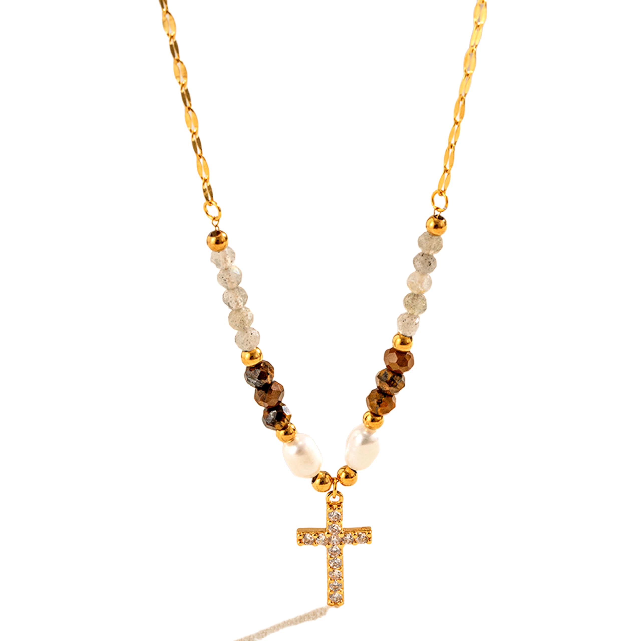 Gold Cross Necklace for Women - Handmade Gemstone Choker with Pearl Beads | Elegant Birthday Gift & Good Luck Jewelry | Perfect for Church, Weddings & Special Occasions
