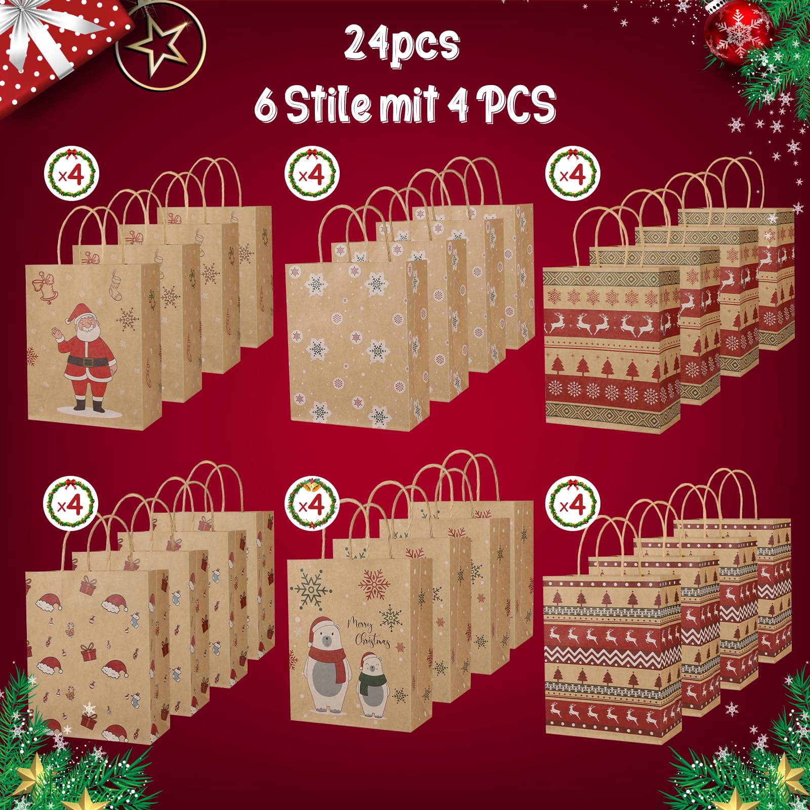 Mjokoj 24-Pack Christmas Kraft Paper Gift Bags with Handles - 8.85x7.08x3.5 Inch Holiday Party Favor Bags - 6 Festive Designs for Xmas Gifts, Party Favors & Home Decor