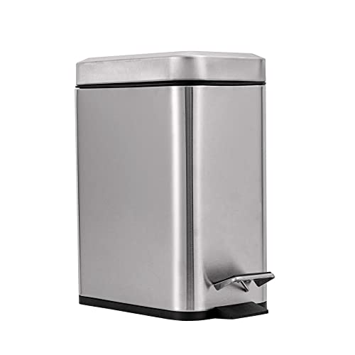 CAMTCHER 1.3 Gallon Slim Stainless Steel Trash Can with Soft Close Lid - Rectangle Step Small Garbage Bin for Kitchen, Bathroom, Office - Removable Plastic Bucket & Odor Control (5 Liter Capacity) - Perfect for Tight Spaces Under Sink or Next To Toilet