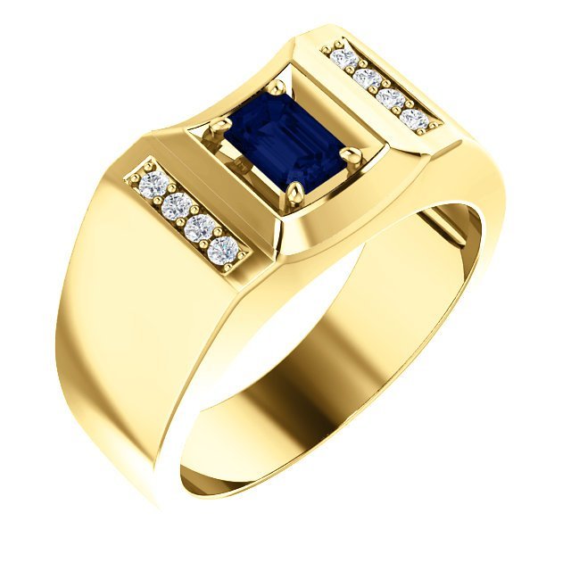 14K Gold Men's Sapphire & Diamond Ring - 3/4 CT Sapphire & 0.12 CTW Diamond Accent - Elegant Wedding Band, Anniversary Gift for Him, Perfect for Engagements & Special Occasions