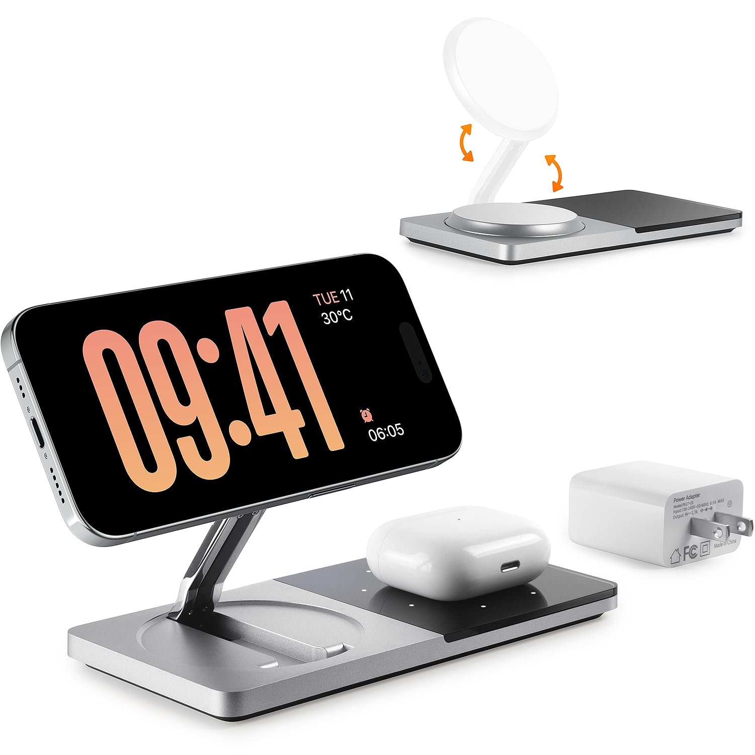 Magnetic Wireless Charging Stand for iPhone 16/15/14/13/12 & AirPods 3/2/Pro | 2-in-1 Mag-Safe Charger Station with Adapter | Fast Charging Dock for Apple Products | Perfect for Home, Office & Travel (Silver)