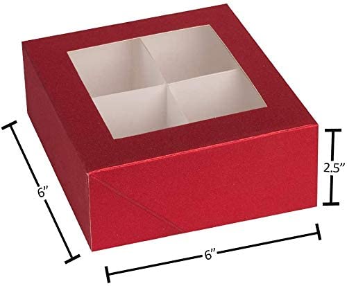 Hammont 4-Section Window Bakery Box - Red Unique Design for Snacks, Cookies, Pastries | Bulk 72-Pack | 6”x6”x2.5” | Perfect for Parties, Gifts & Retail Display