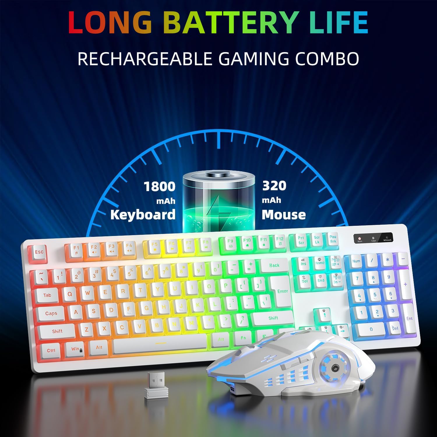 Wireless Gaming Keyboard and Mouse Combo with RGB Backlit - Rechargeable Ergonomic Keyboard Mouse Set for PC, Laptop, Mac | Long-Lasting Battery | Perfect for Gaming, Work & Office (White)