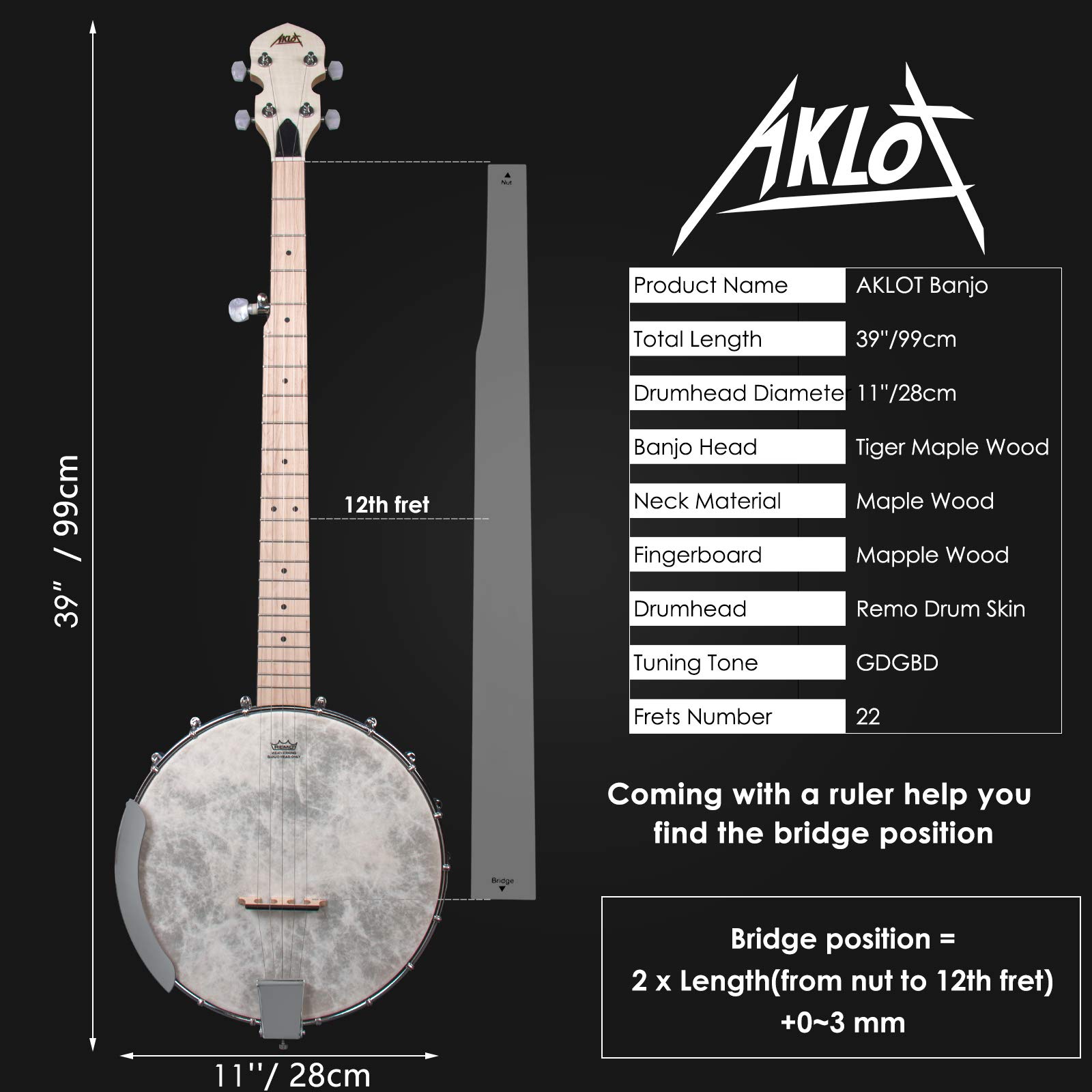 AKLOT 5-String Full Size Open Back Banjo - Professional Maple Body with Remo Head, Adjustable Neck - Includes 2 Tuning Wrenches, 4 Picks, Strings, Digital Tuner, Strap, Ruler & Cleaning Cloth with Gig Bag - Perfect for Beginners & Professionals - Ideal for Bluegrass, Folk Music & Live Performances