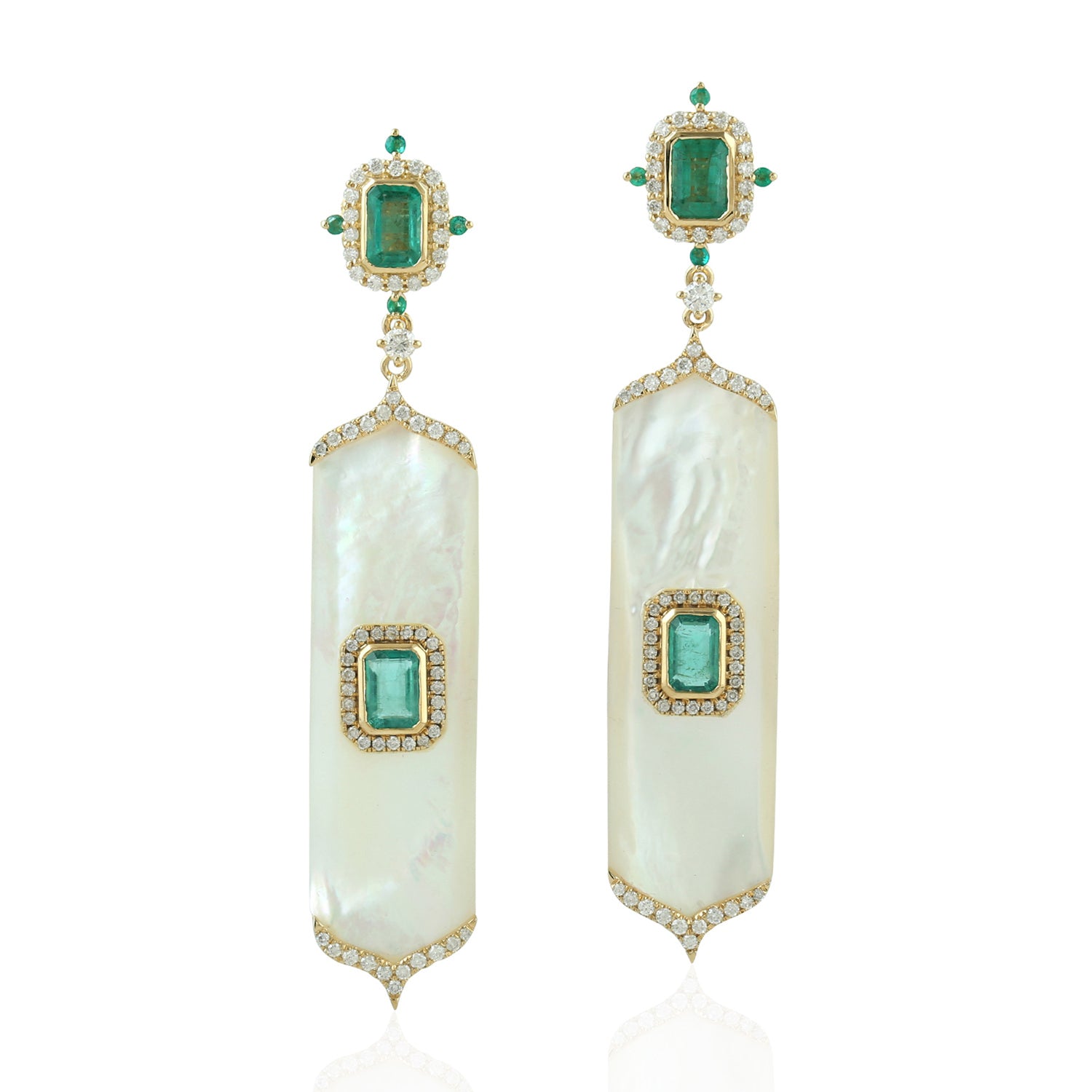 Emerald Prong Mother of Pearl Gemstone Pave Diamond Yellow Gold Dangle Earrings | Elegant Jewelry for Women, Perfect for Weddings, Parties & Special Occasions