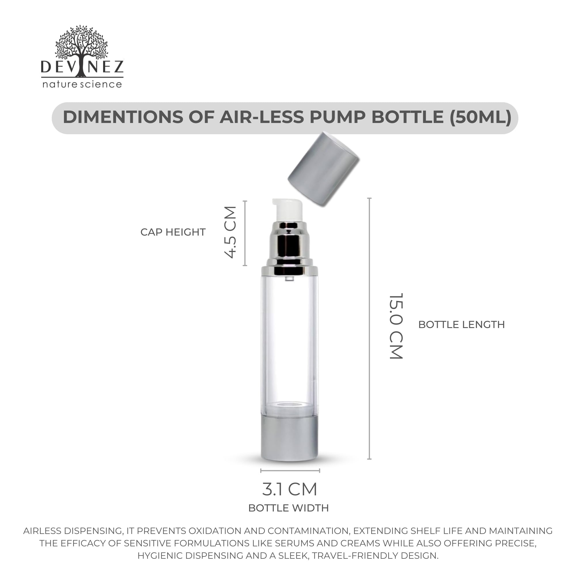 Devinez Refillable Airless Pump Bottle - 50ml Clear Travel Cosmetic Dispenser for Moisturizers, Shampoo, Lotion & Cream | Leak-Proof & Reusable | Perfect for Skincare, Haircare & Toiletries | Great for Travel, Gym & Home Use