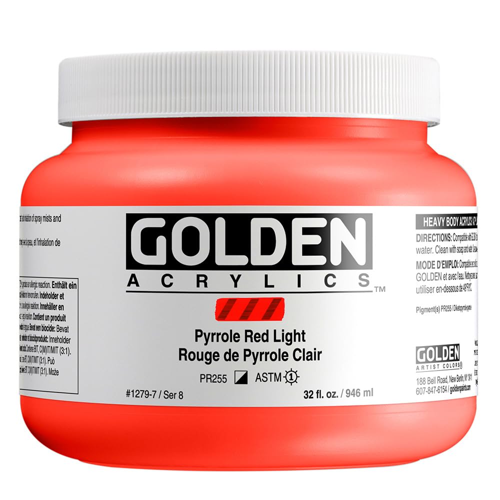 GOLDEN Heavy Body Acrylic Paint - Pyrrole Red Light (32 fl oz) | Professional Grade Semi-Opaque Artist Paint for Canvas, Murals & Mixed Media Art