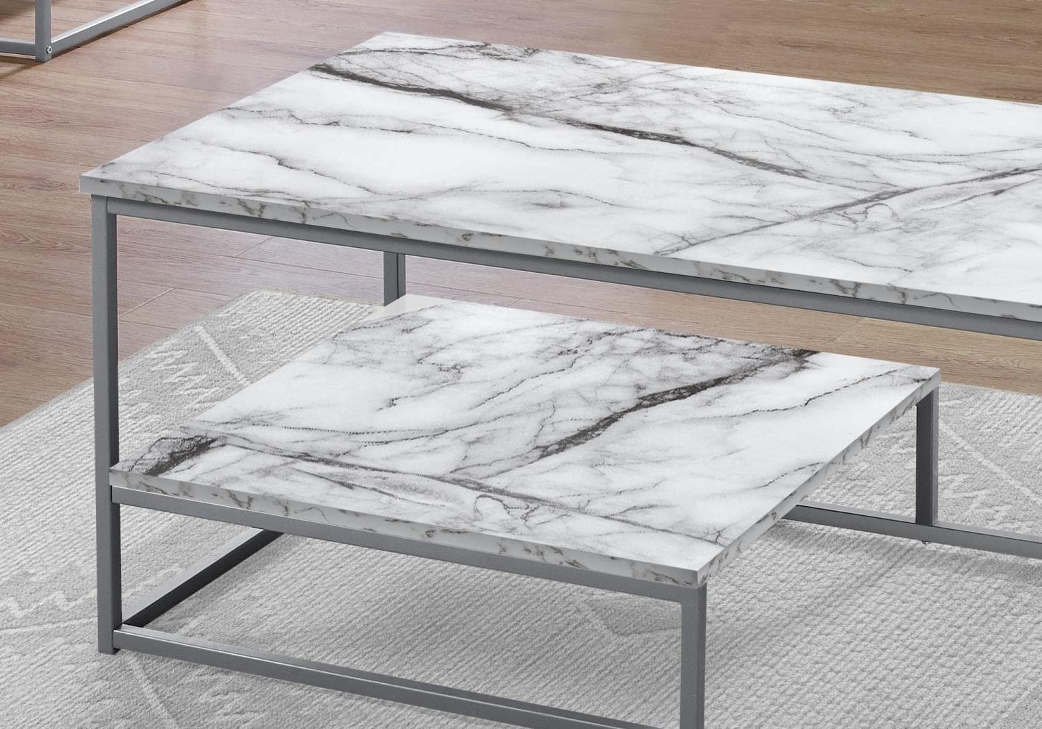 Monarch Specialties I 7963P 3-Piece Table Set - Coffee Table, End Table & Side Table - White Marble Look Laminate Metal Accent Tables for Living Room - Grey Contemporary Modern Furniture for Home Decor & Small Spaces