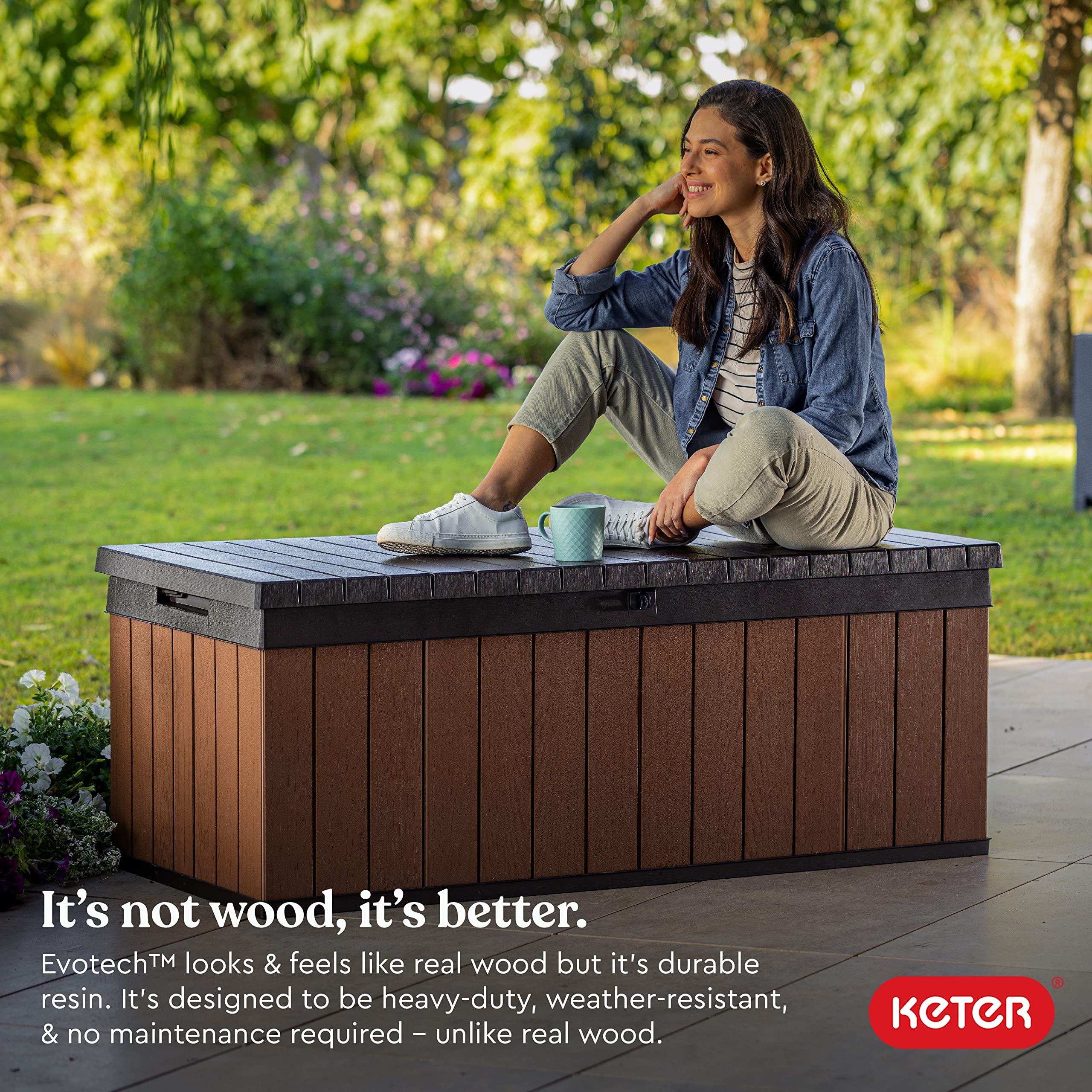 Keter Darwin 100 Gallon Resin Deck Box - Outdoor Storage Solution for Patio Furniture, Garden Tools & Cushions (Brown & Black) - Perfect for Backyard, Poolside & Deck Organization