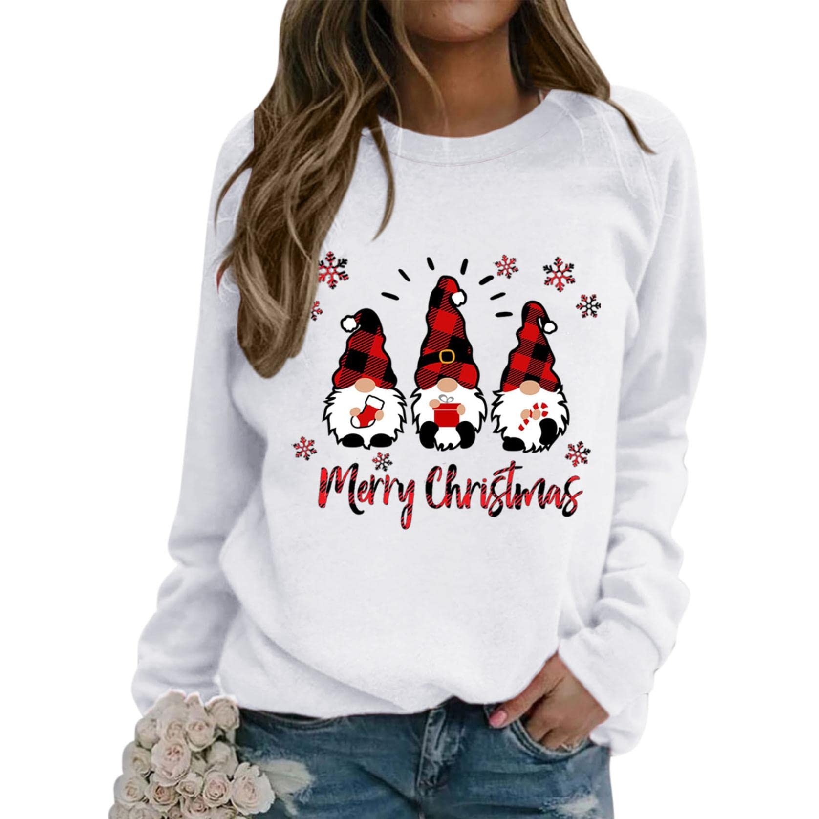 Women's Christmas Graphic Print Crewneck Sweatshirt - Cozy Loose Fit Long Sleeve Pullover Top for Holiday Parties & Family Gatherings