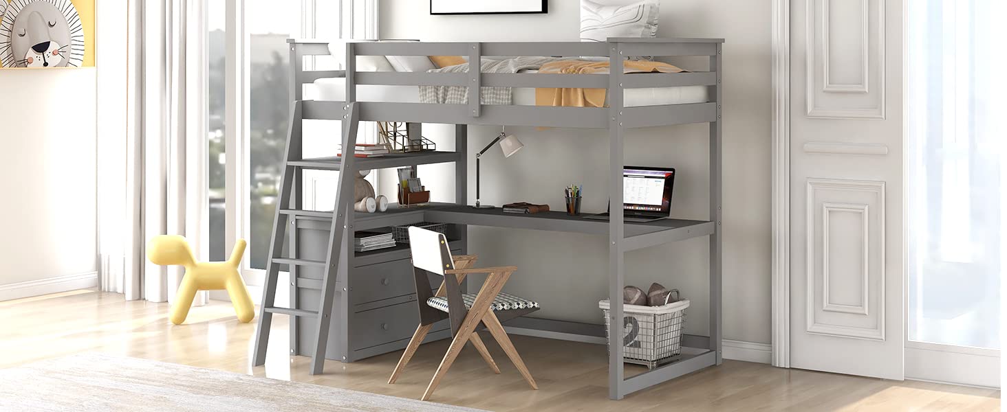 Harper & Bright Designs Twin Size Loft Bed with Desk & Shelves for Kids - Space Saving Study Bed with 2 Built-in Drawers, Gray - Perfect for Small Bedrooms, Dorm Rooms & Kids Study Areas