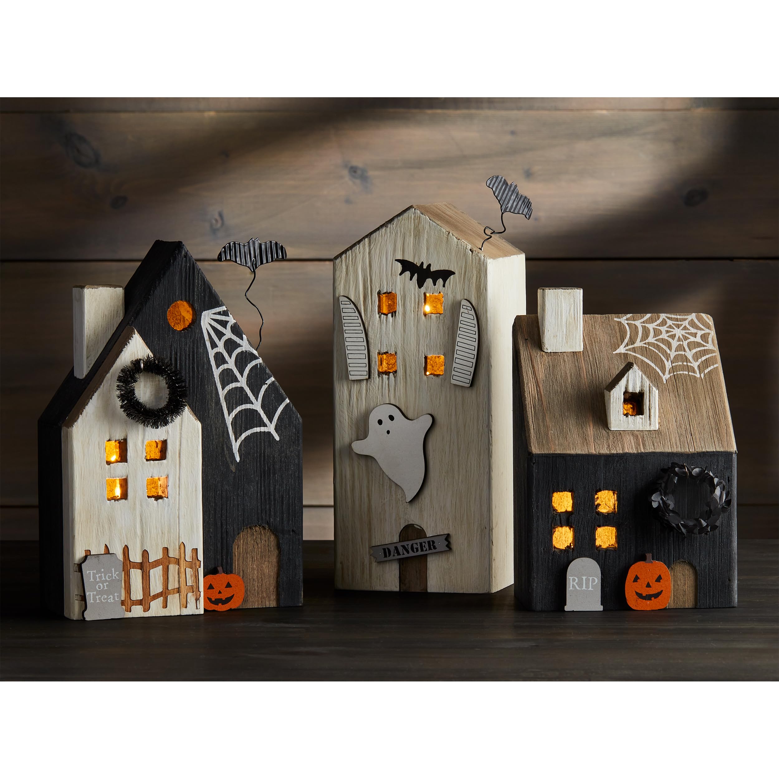 Spooky LED Wooden Haunted House Decor - Halloween Night Light for Home, Party & Outdoor Decorations | Perfect for Halloween Party, Haunted Trail & Themed Events