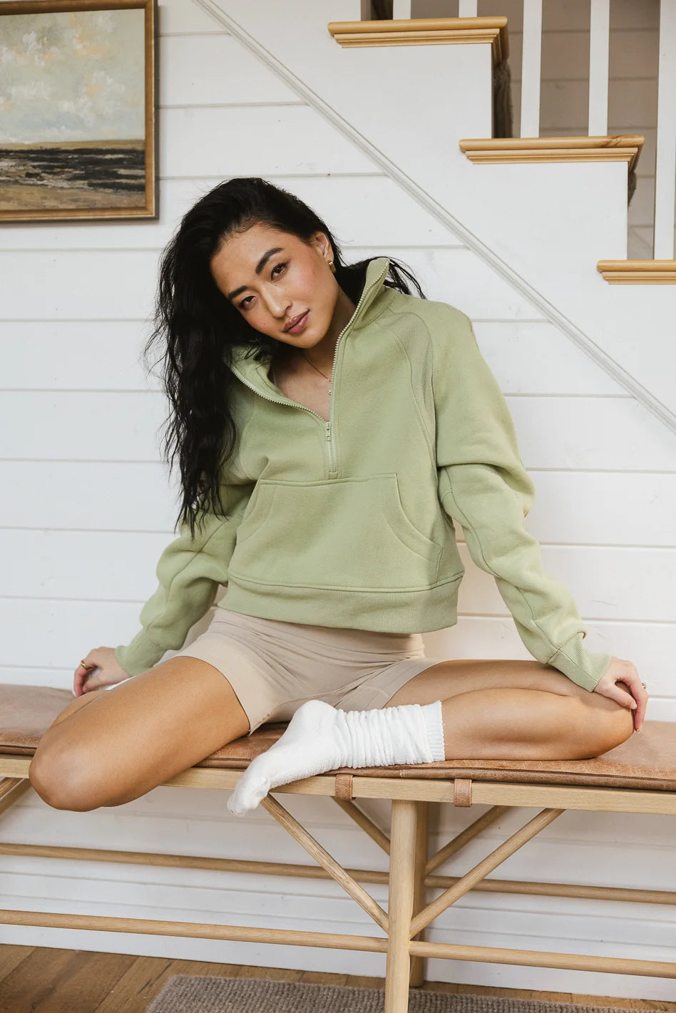 Alyssa Half Zip Pullover Sweatshirt in Sage Green - Women's Casual Loungewear for Fall & Winter | FINAL SALE