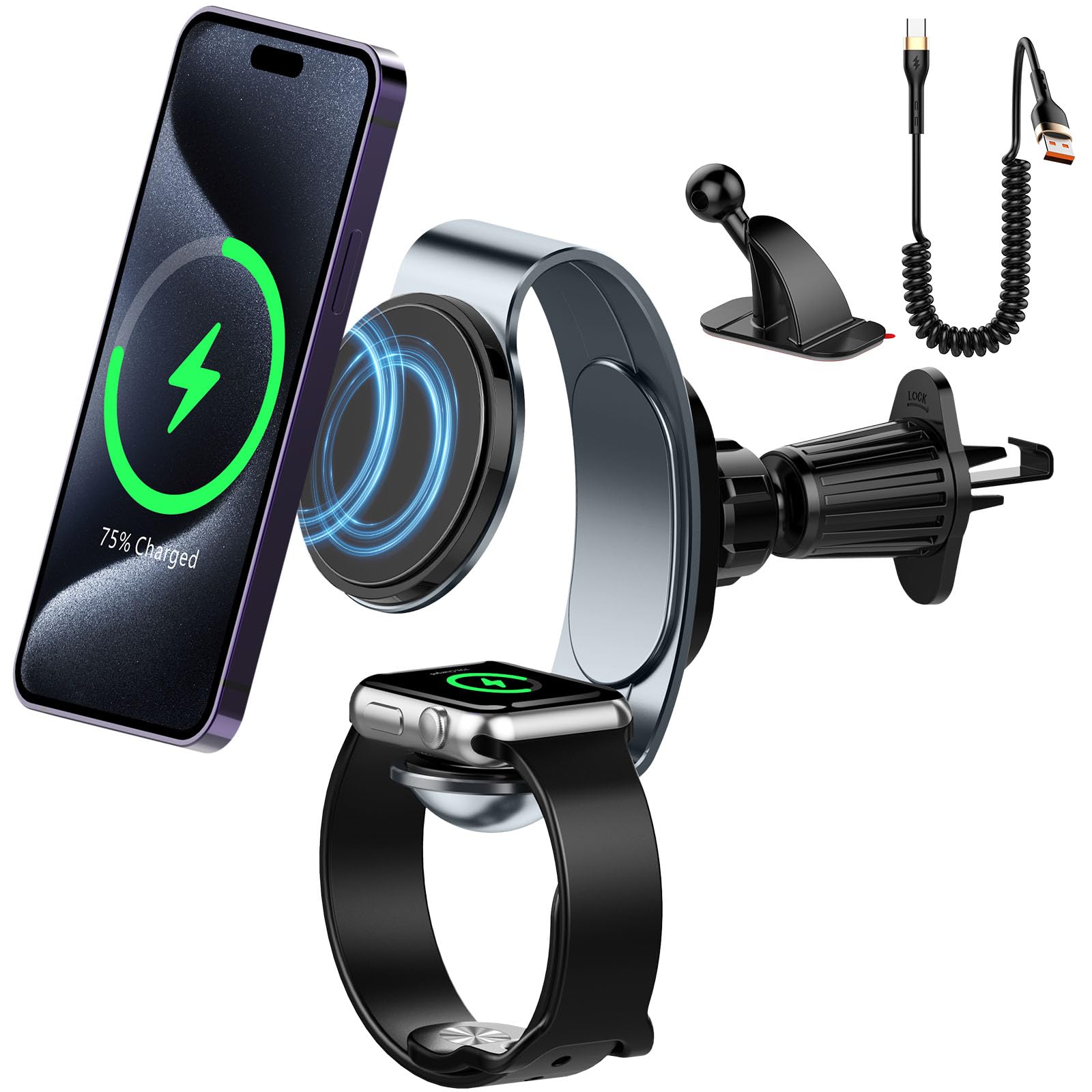 2024 Upgraded 18W Magsafe Car Mount Charger - 2-in-1 Wireless Fast Charging for iPhone 16/15/14/13/Apple Watch (Vent Fit) | Perfect for Commuting, Road Trips & Hands-Free Navigation