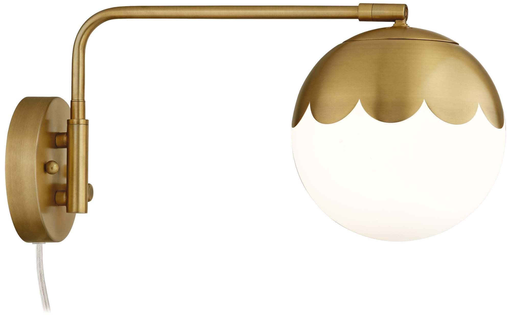360 Lighting Kelowna Modern Adjustable Swing Arm Wall Lamp - Antique Brass Gold Metal Plug-in Light Fixture with Glass Globe Shade - Perfect for Bedroom, Living Room, Hallway & Dining Room - Reading Light, Bedside Lamp & Home Decor Lighting Solution
