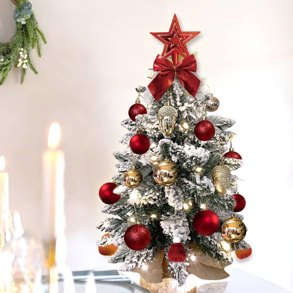 22in Flocked Snow Tabletop Christmas Tree with LED Lights - Mini Artificial Red Xmas Tree Decor for Home, Office, Party & Holiday Decoration | Perfect for Tabletops, Desks, Mantels & Holiday Displays