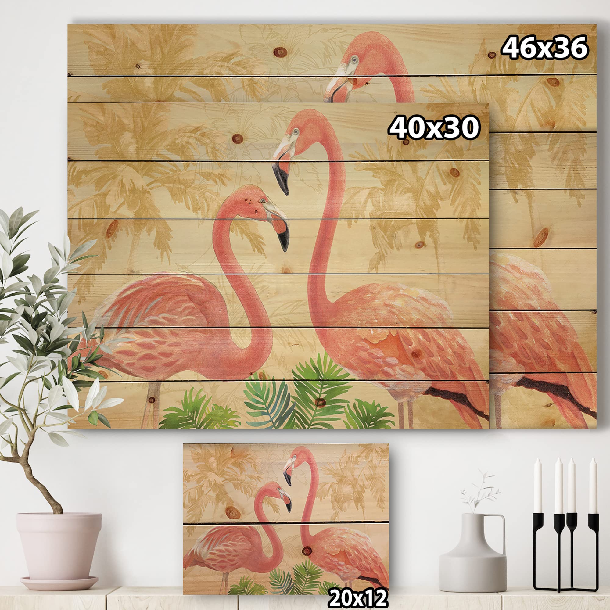 DesignQ Gold Glam Flamingos Wood Wall Decor - Pink Flamingo Wall Art, Large Animal Wood Panels Printed on Natural Pine - Perfect for Living Room, Bedroom & Tropical Home Decor