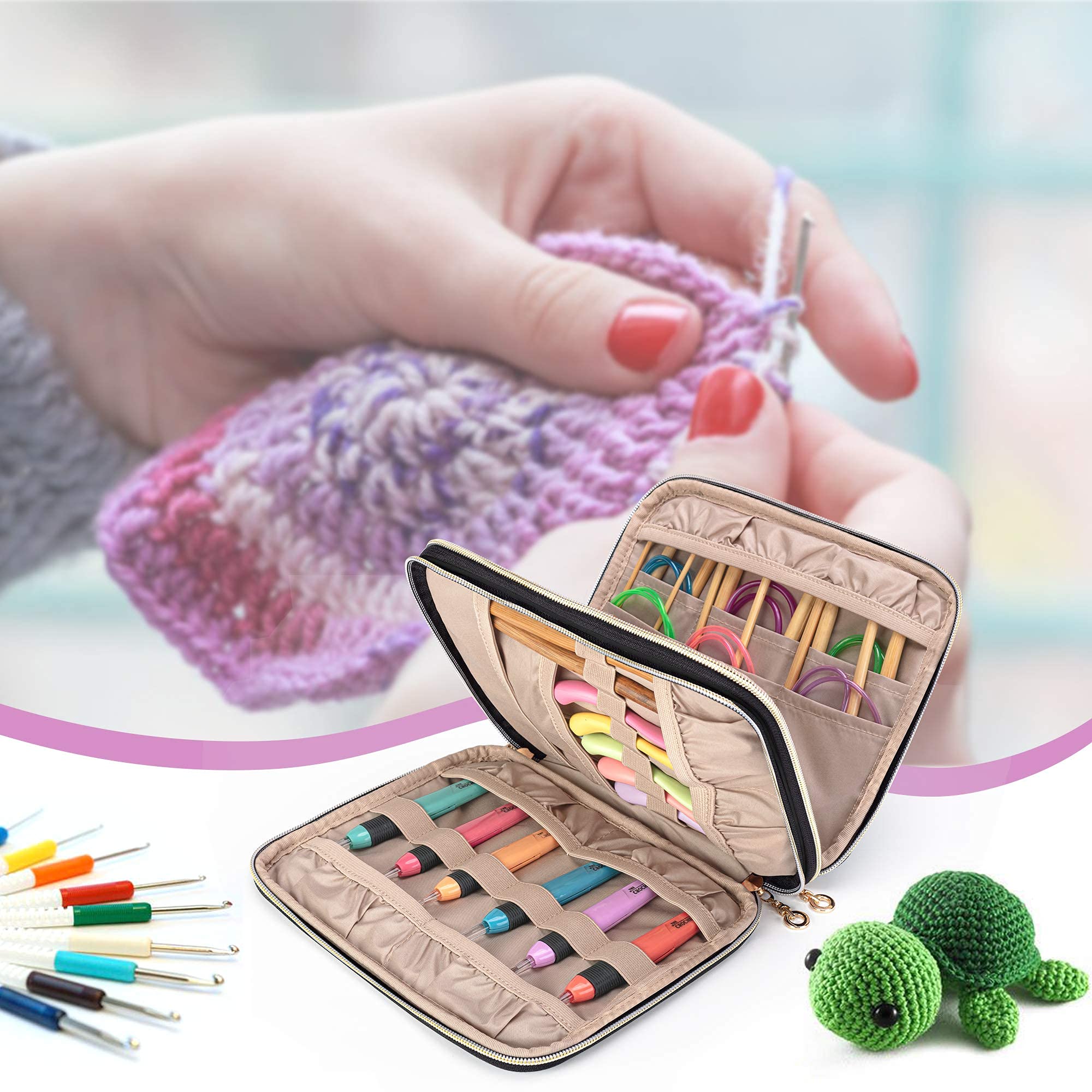 Crochet Hook Case & Knitting Needle Bag - Travel Organizer for Crafting Accessories (Black)
