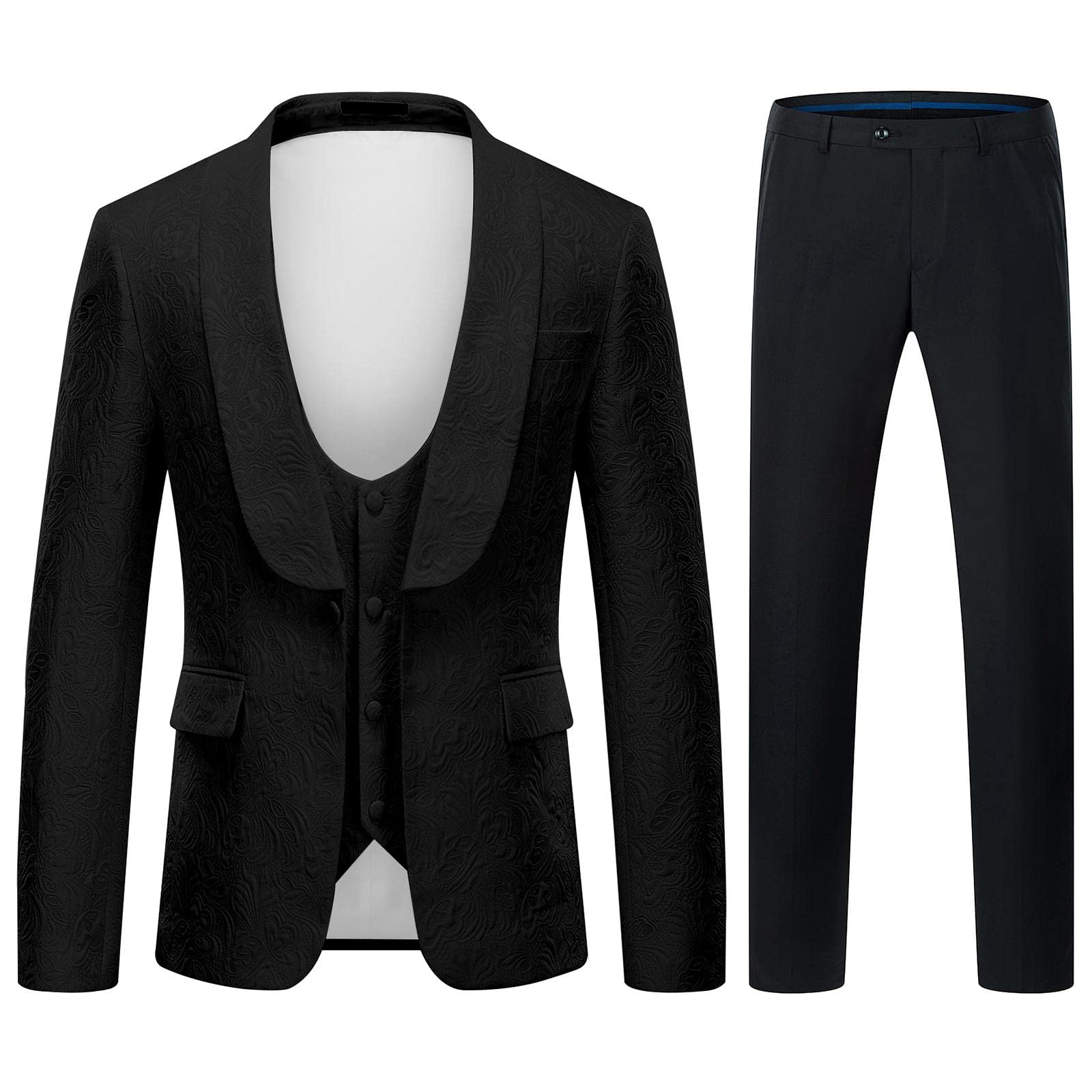 KUDORO Men's Slim Fit 3 Piece Jacquard Tuxedo Suit | One Button Shawl Collar Formal Wear for Wedding, Prom, Gala & Black Tie Events | Perfect for Evening Parties, Cocktail Receptions & Special Occasions