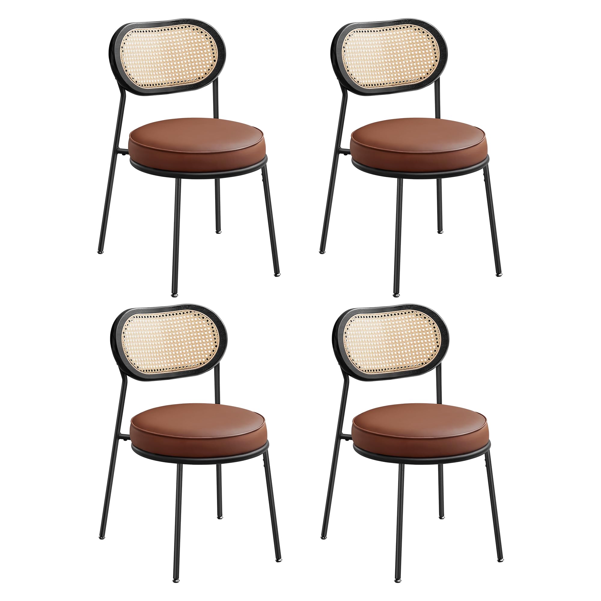 VASAGLE 4-Piece Boho Dining Chair Set with PE Rattan Back & Synthetic Leather Upholstery - Mid-Century Modern Kitchen & Living Room Accent Chairs in Coffee Brown | Perfect for Dining Rooms, Breakfast Nooks & Home Decor ULDC160K24