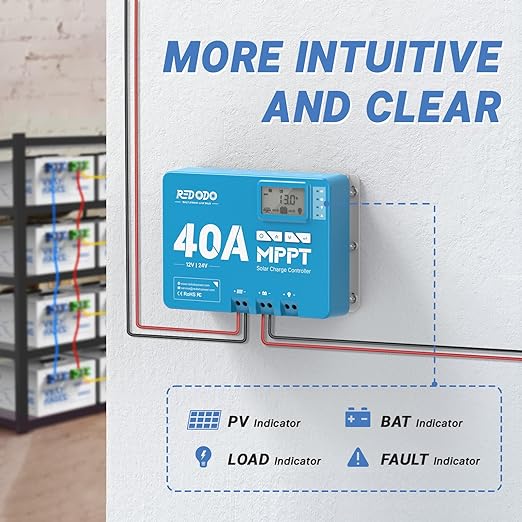 Redodo 12V/24V 40A MPPT Solar Charge Controller - Efficient Solar Panel Regulator for RV, Boat, Off-Grid Power System | Weatherproof & LCD Display