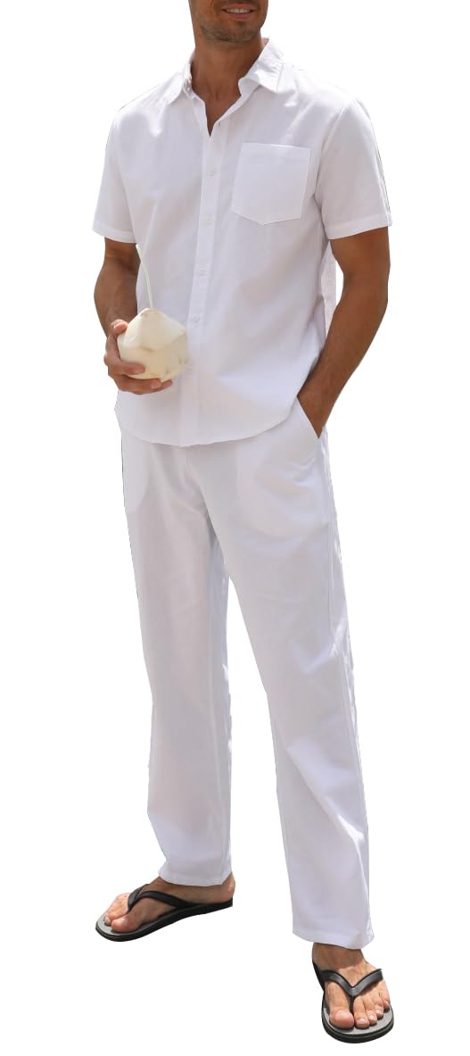 Men's 2-Piece Linen Outfit Set - Casual Button Down Shirt & Yoga Pants for Summer, Beach Weddings & Relaxation | Breathable Matching Suit for Yoga, Travel & Outdoor Activities