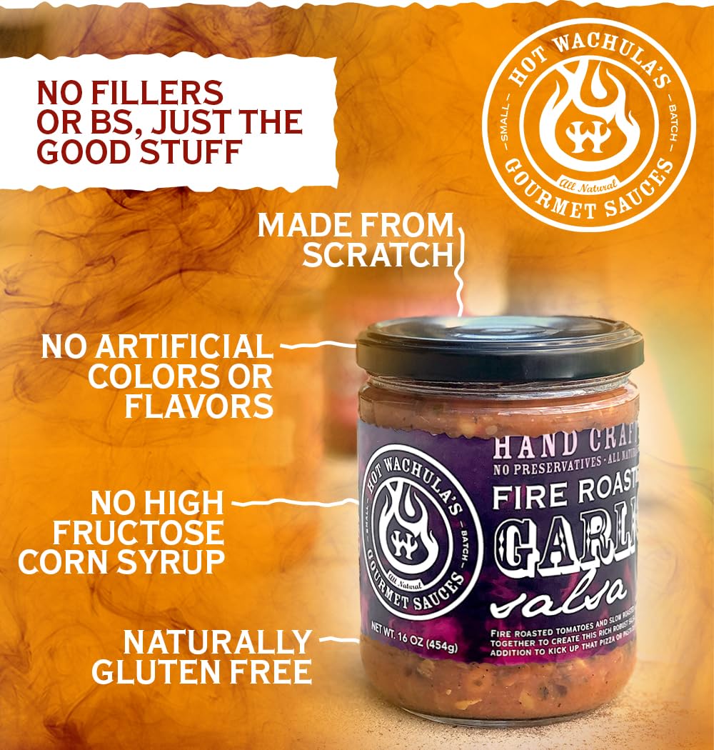 Hot Wachula’s Fire Roasted Garlic Salsa - Medium Spicy, Handcrafted Small Batch Salsa with Fresh All-Natural Ingredients | Gluten Free, Low Sodium | Perfect for Chips, Tacos, Nachos & BBQs
