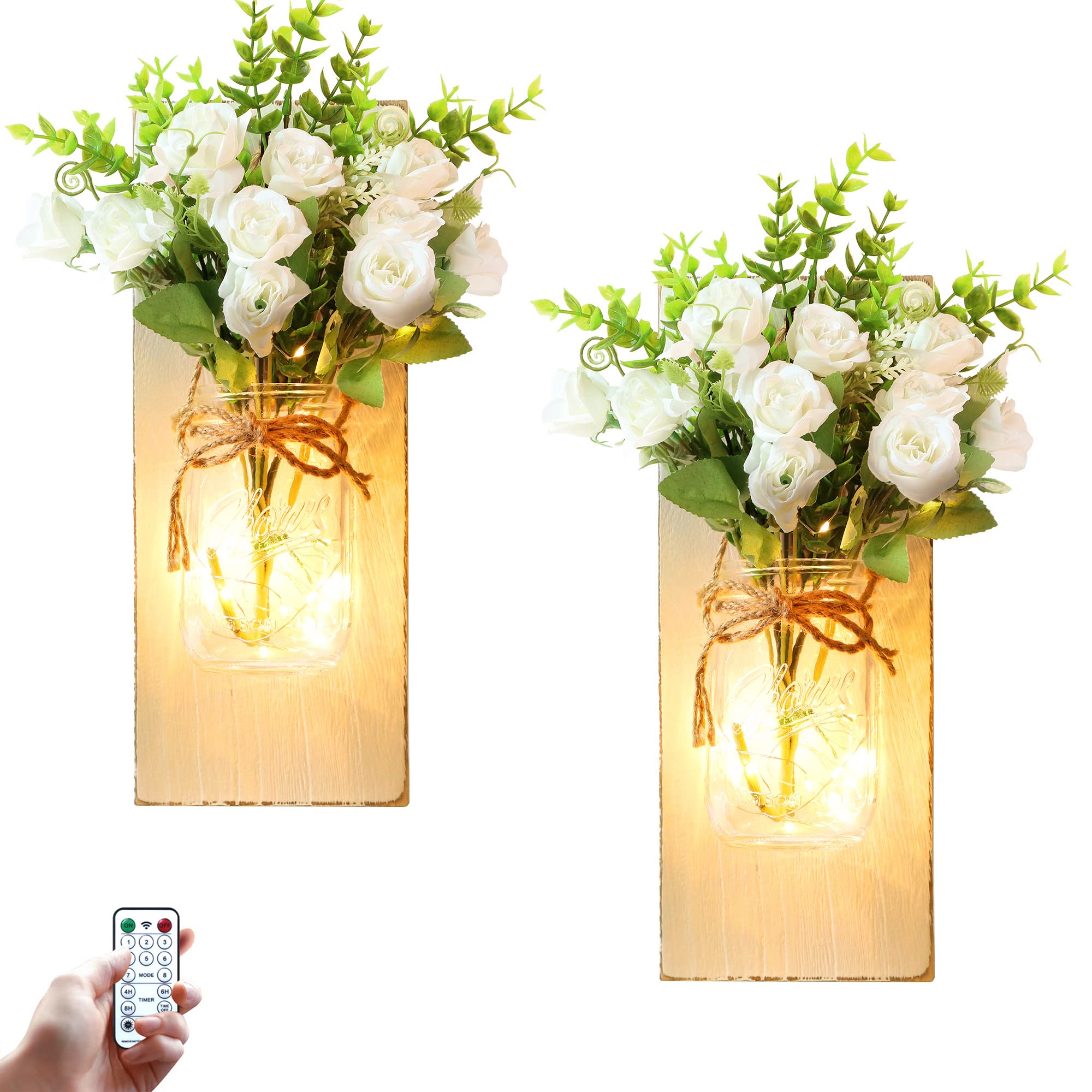 Artificial Flowers Mason Jar Fairy Lights with Remote Control - Farmhouse Wall Decor for Living Room, Kitchen, Bedroom & Bathroom - Set of 2 | Romantic Home Lighting for Weddings, Parties & Cozy Nights