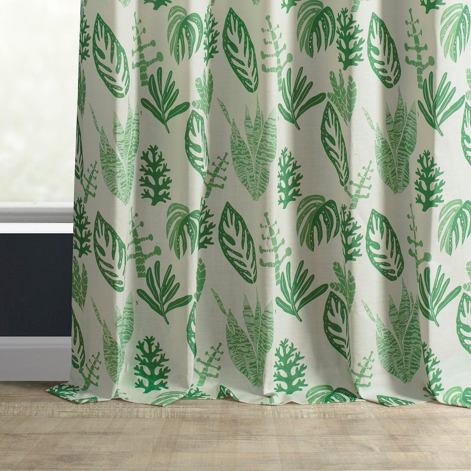 Palm Beach Green Floral Textured Printed Cotton Curtains - Elegant Window Treatments for Living Room, Bedroom & Coastal Home Decor